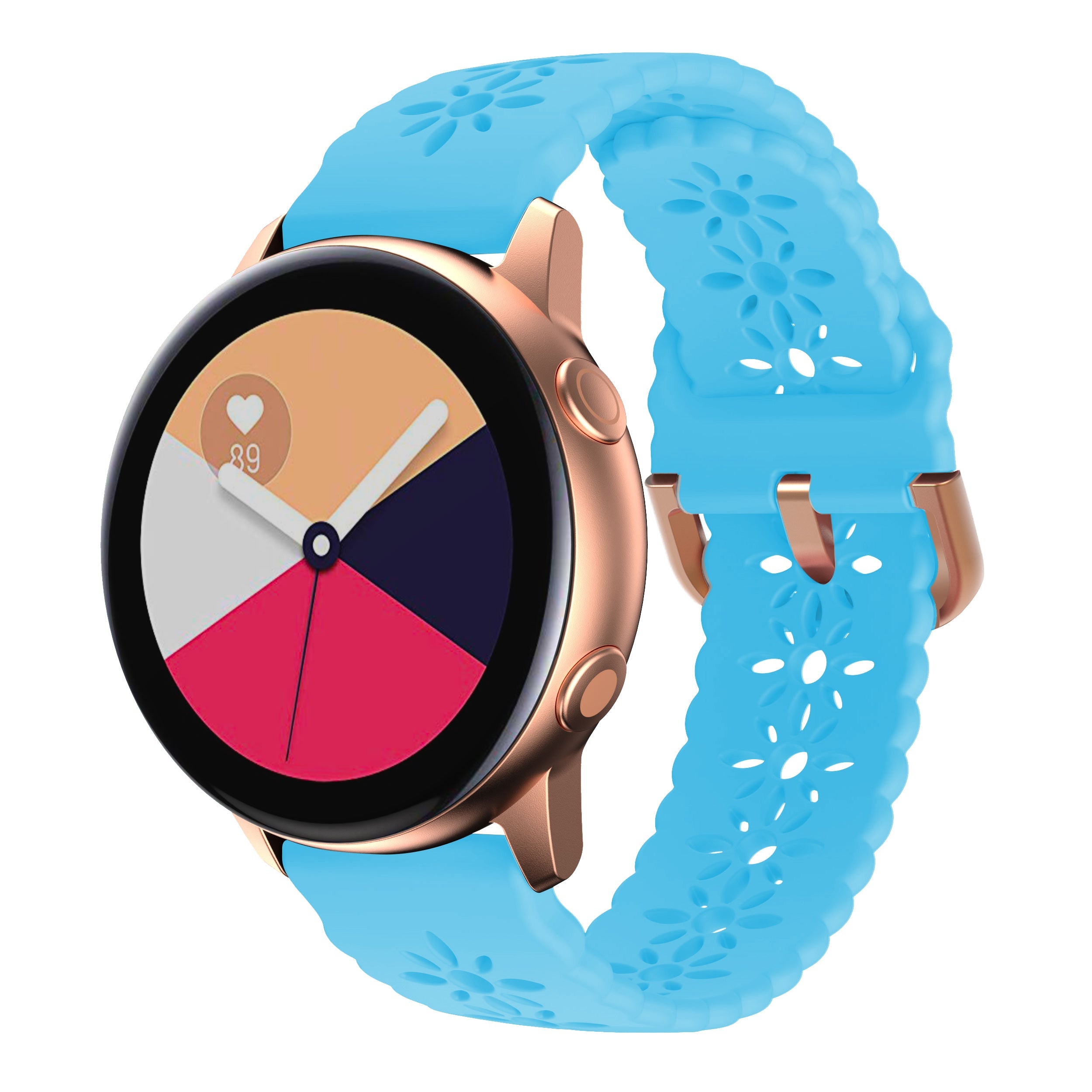 Rose gold smartwatch with colorful pie chart display and perforated blue silicone band with quick release hardware