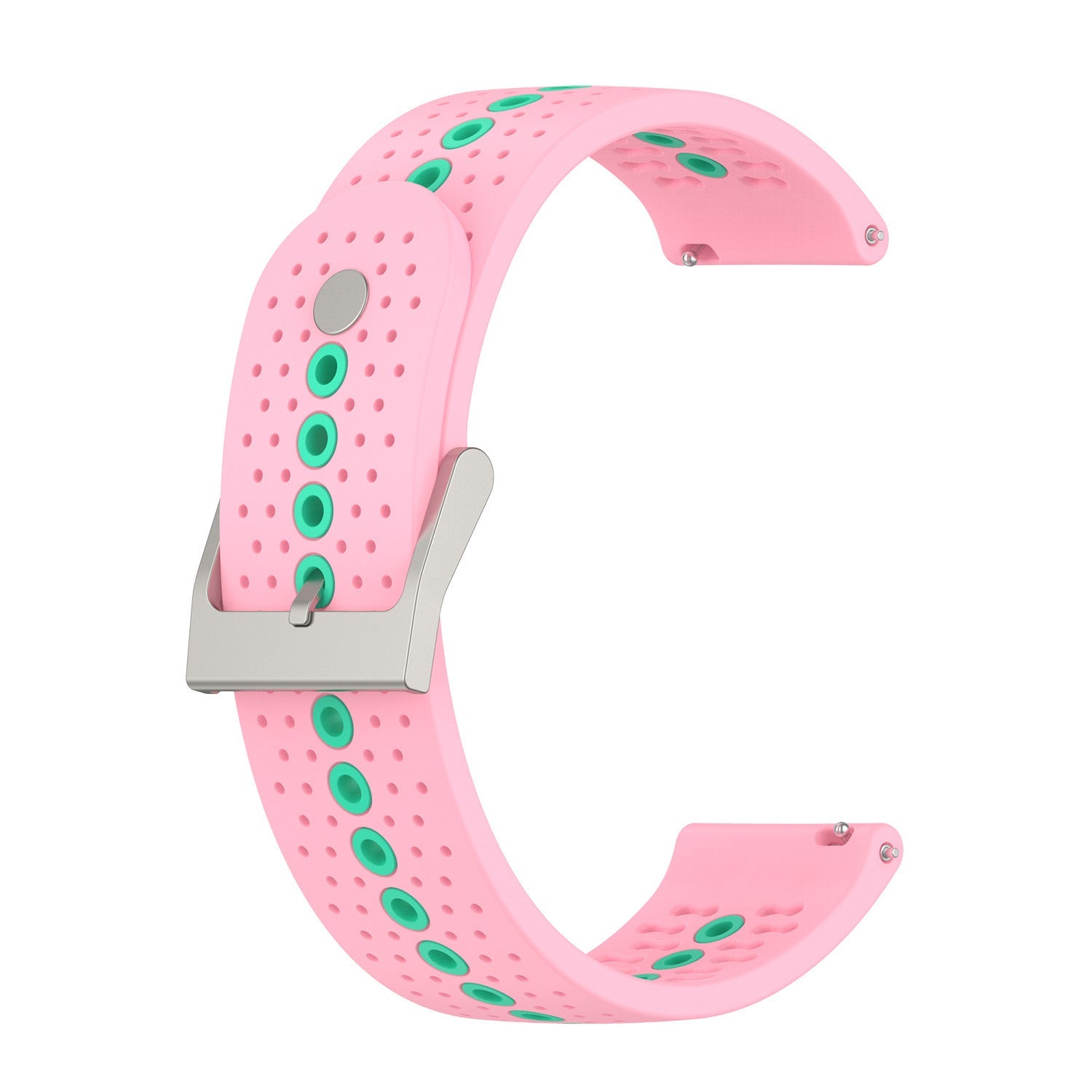 Pink silicone sport watch band with green accent holes and silver quick release buckle clasp