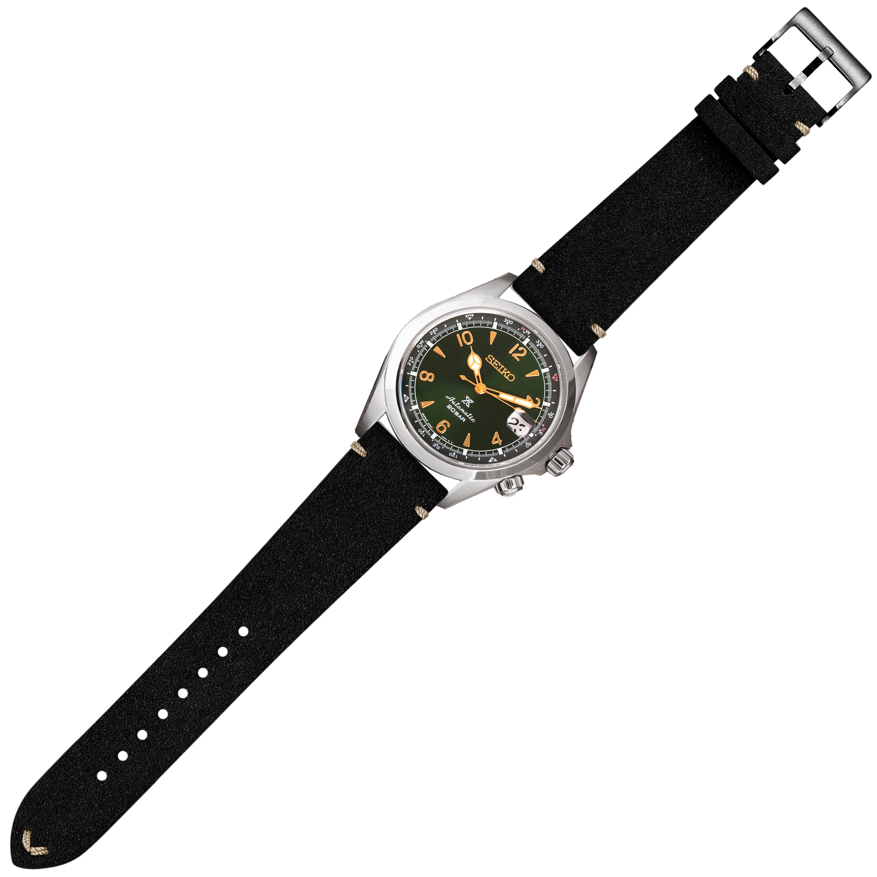 Seiko Prospex dive watch with olive green dial, orange numerals, and black Alcantara leather quick release strap