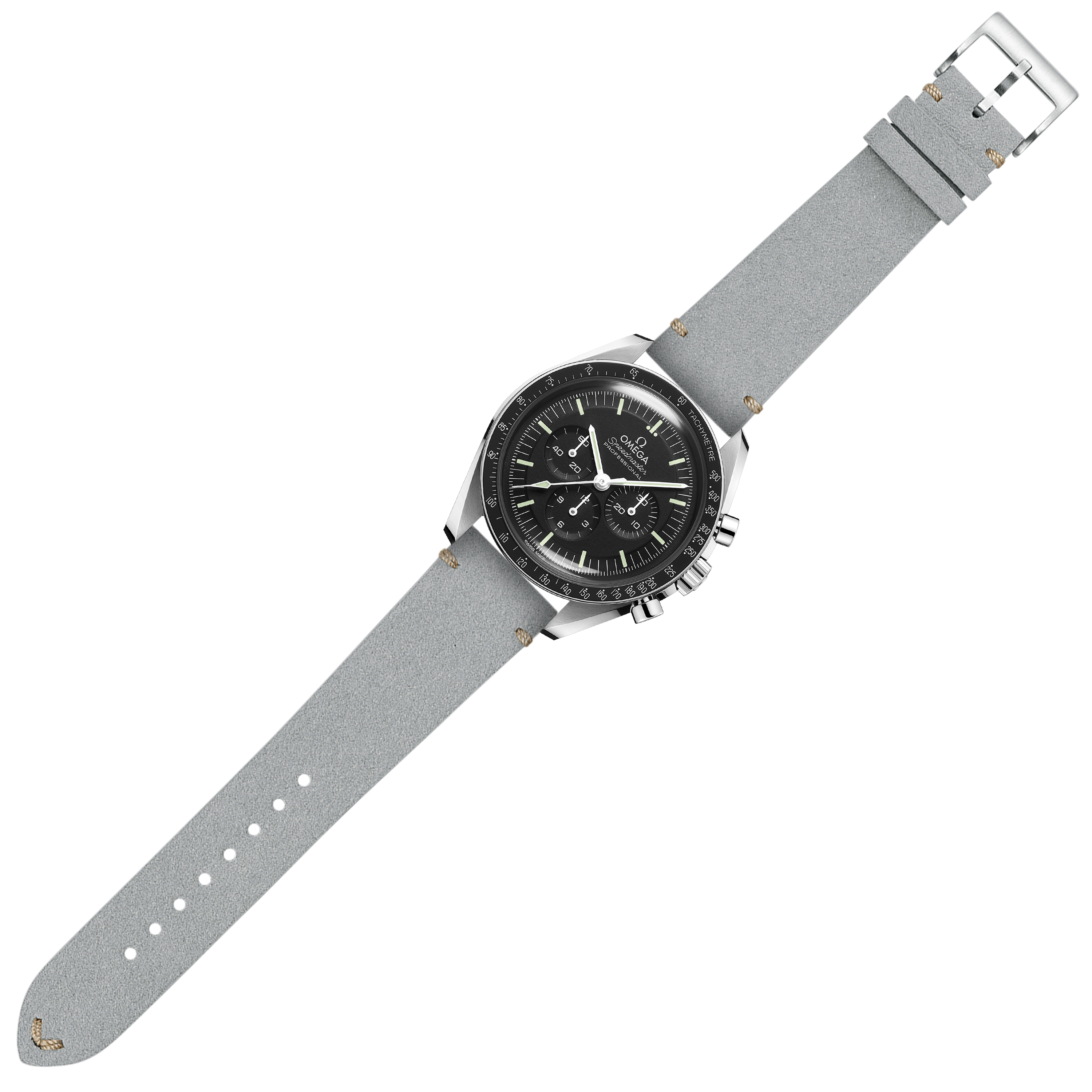 Luxury chronograph watch with black dial and stainless steel case on grey Alcantara leather quick release strap
