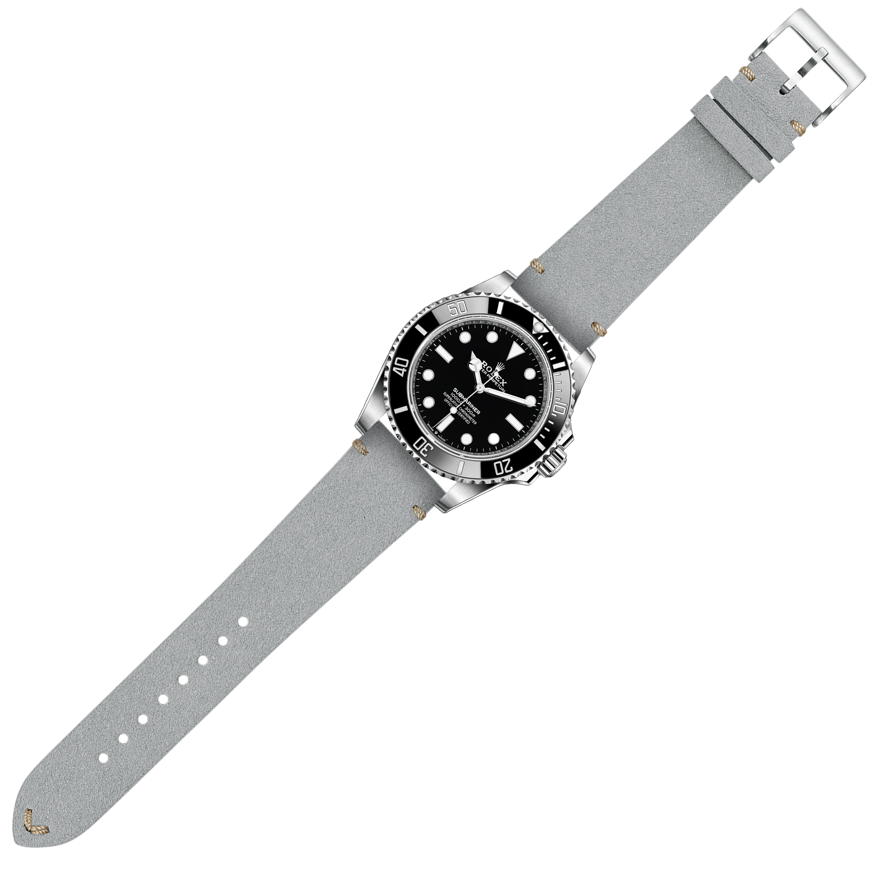 Stainless steel dive watch with black dial and rotating bezel on grey Alcantara leather quick release strap