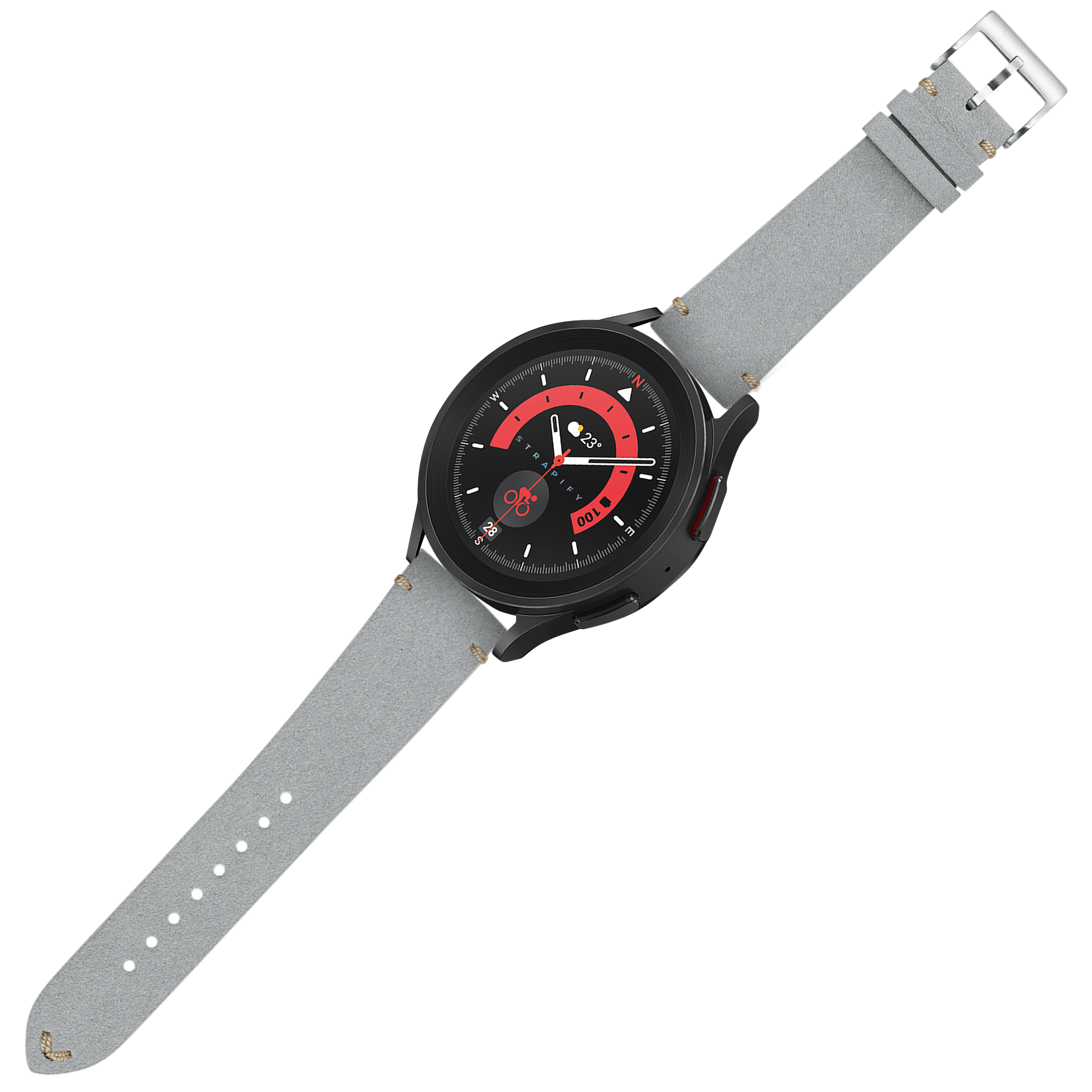Black watch with red dial and grey suede leather quick-release strap, vintage style timepiece design