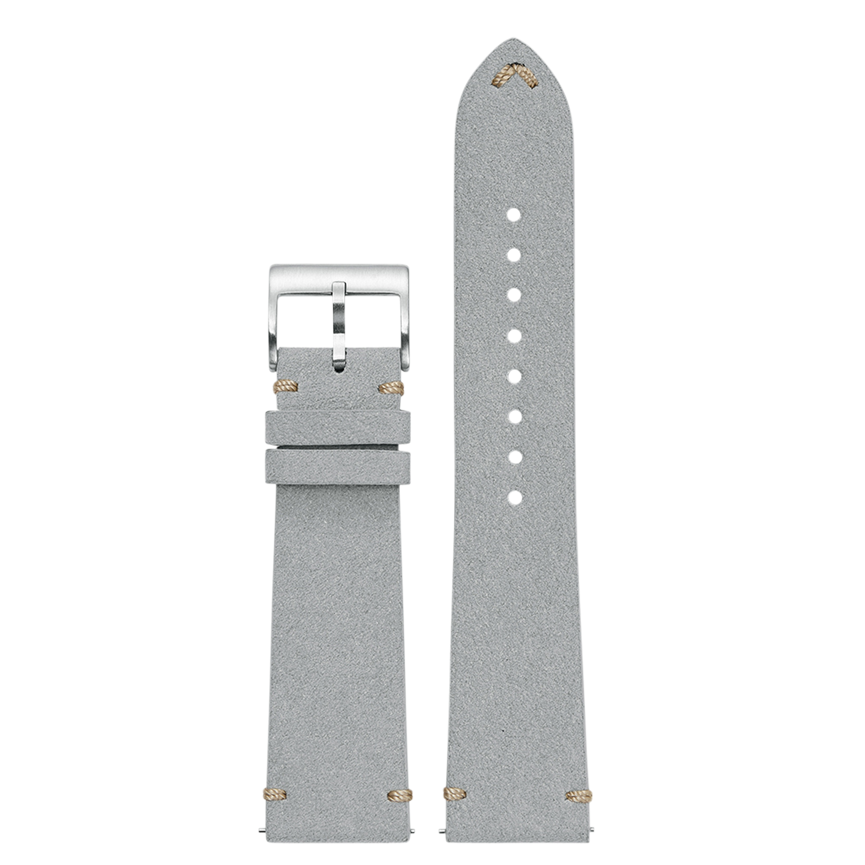 Grey Alcantara leather watch strap 20mm with stainless steel buckle and gold accent stitching