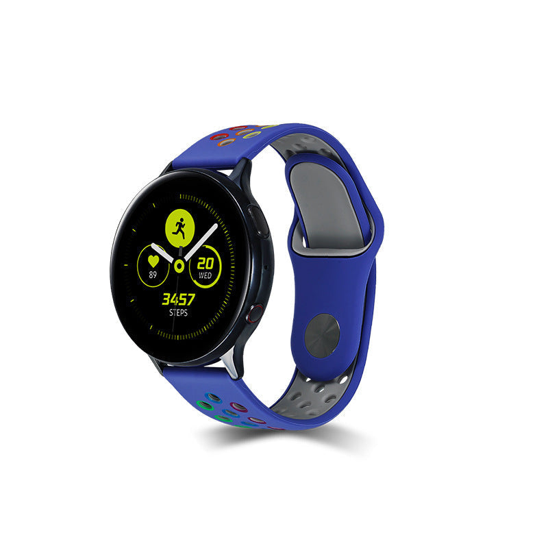 Blue silicone sports watch band with rainbow design and quick release mechanism for fitness tracking smartwatch