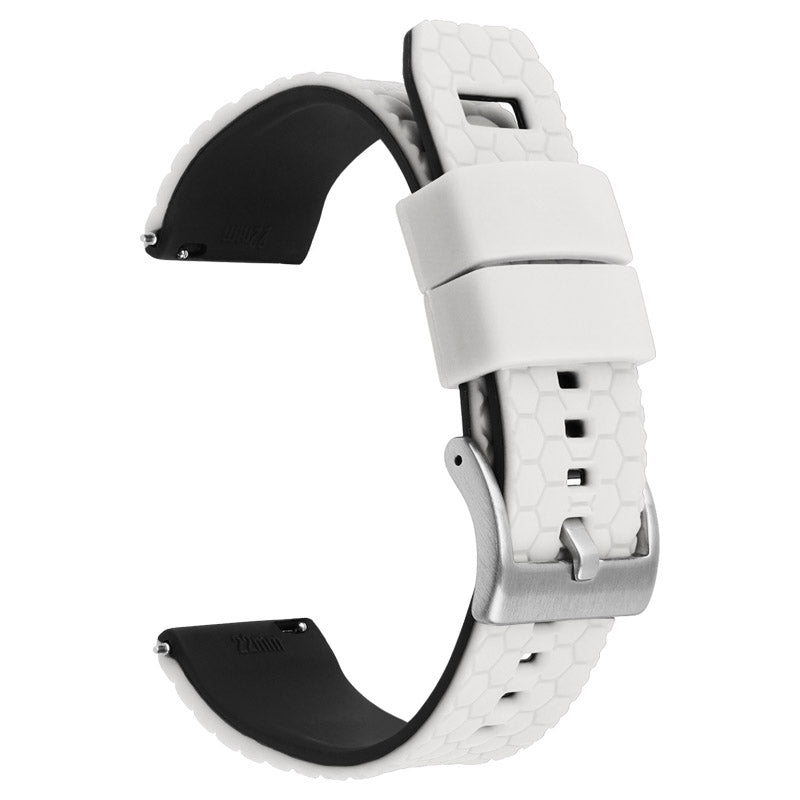 White silicone watch band with hexagon texture, quick release mechanism, and black interior padding