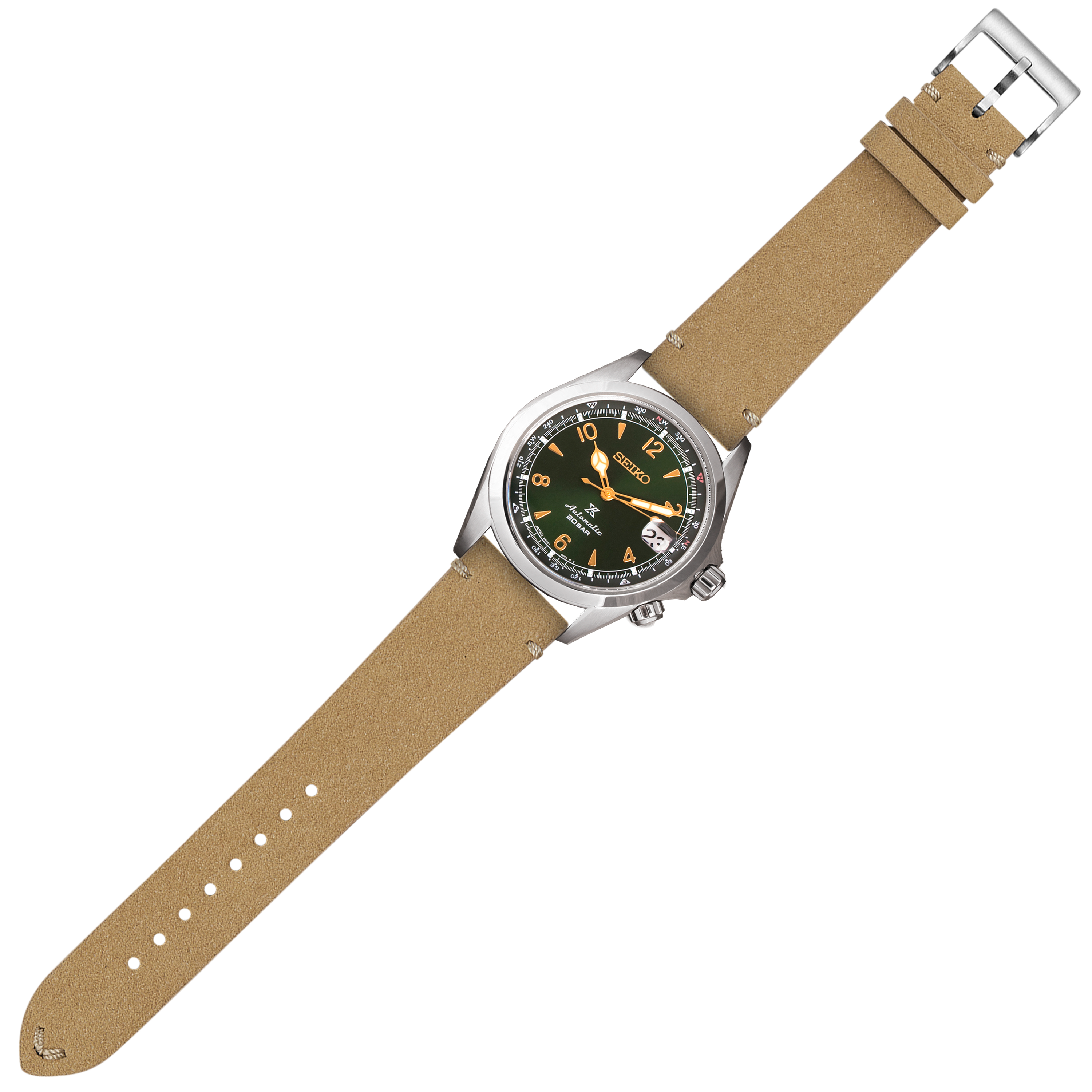 Seiko Prospex field watch with black dial, orange numerals, and stainless steel case on brown Alcantara leather strap with quick release