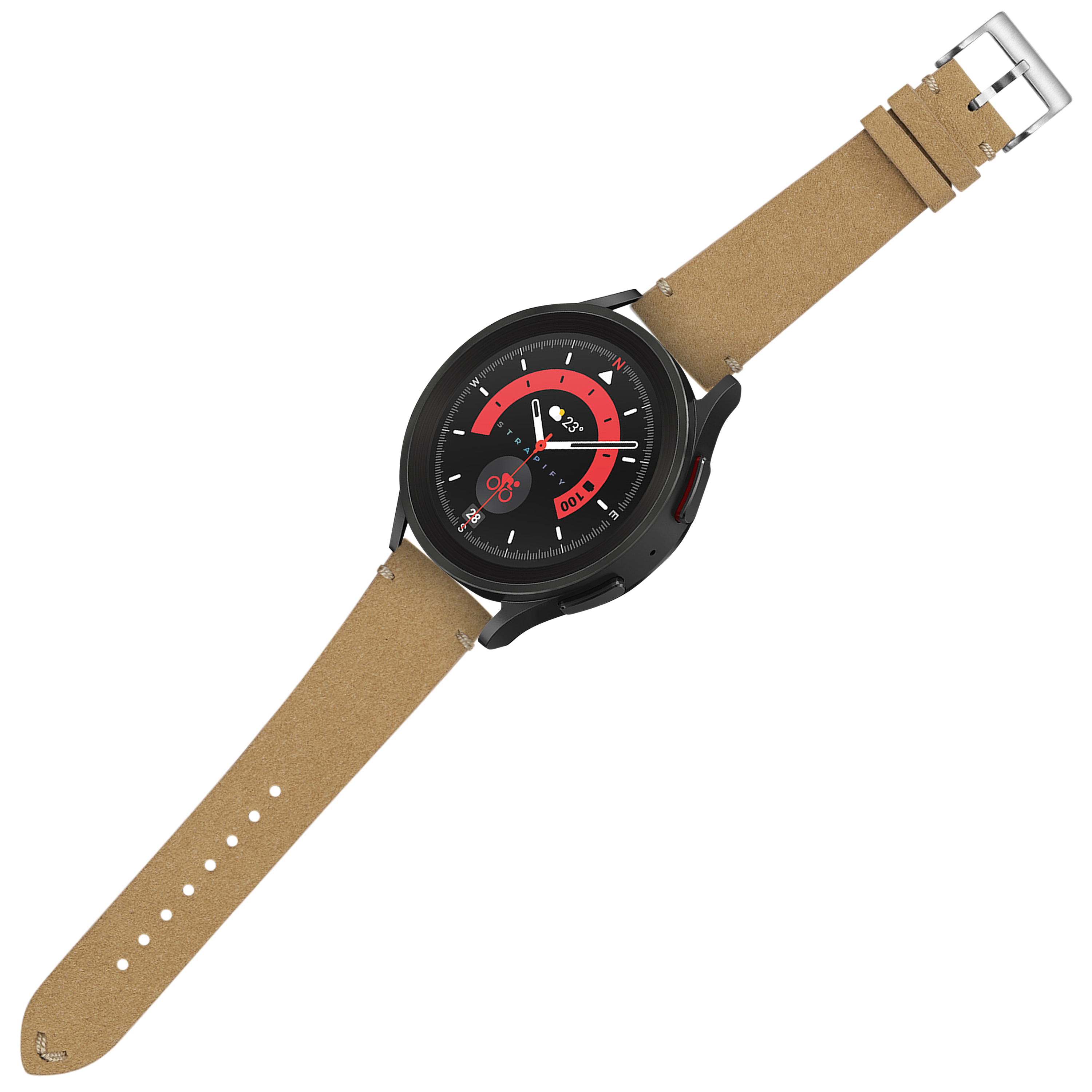Black smartwatch with red dial and tan alcantara leather quick release strap featuring silver buckle