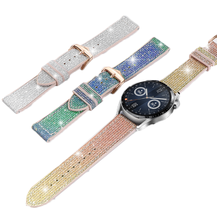 Smartwatch with interchangeable sparkle hybrid watch bands in silver, blue, green, and gold glitter finishes with quick release functionality