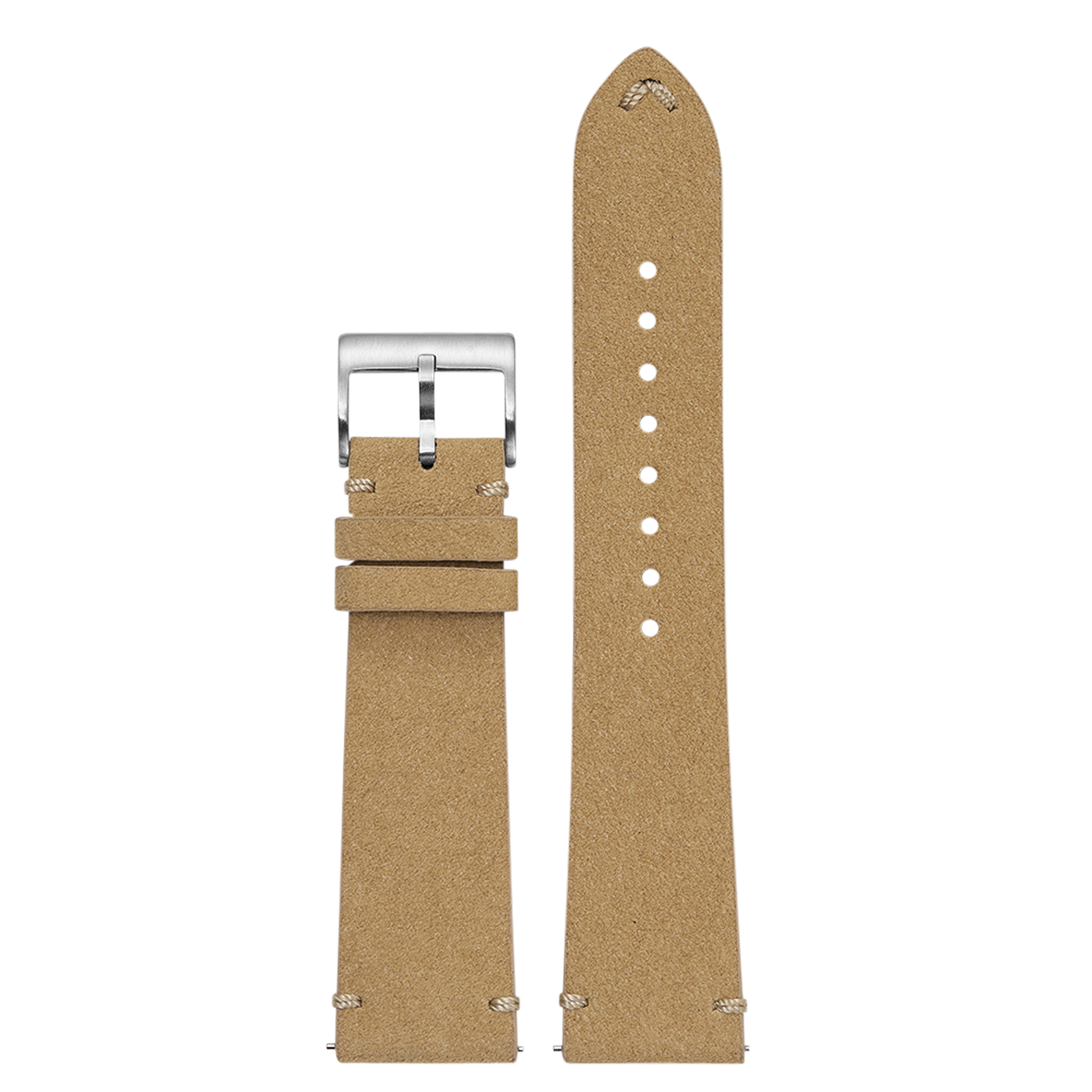 Tan suede QuickFit watch band 20mm with silver buckle and white stitching