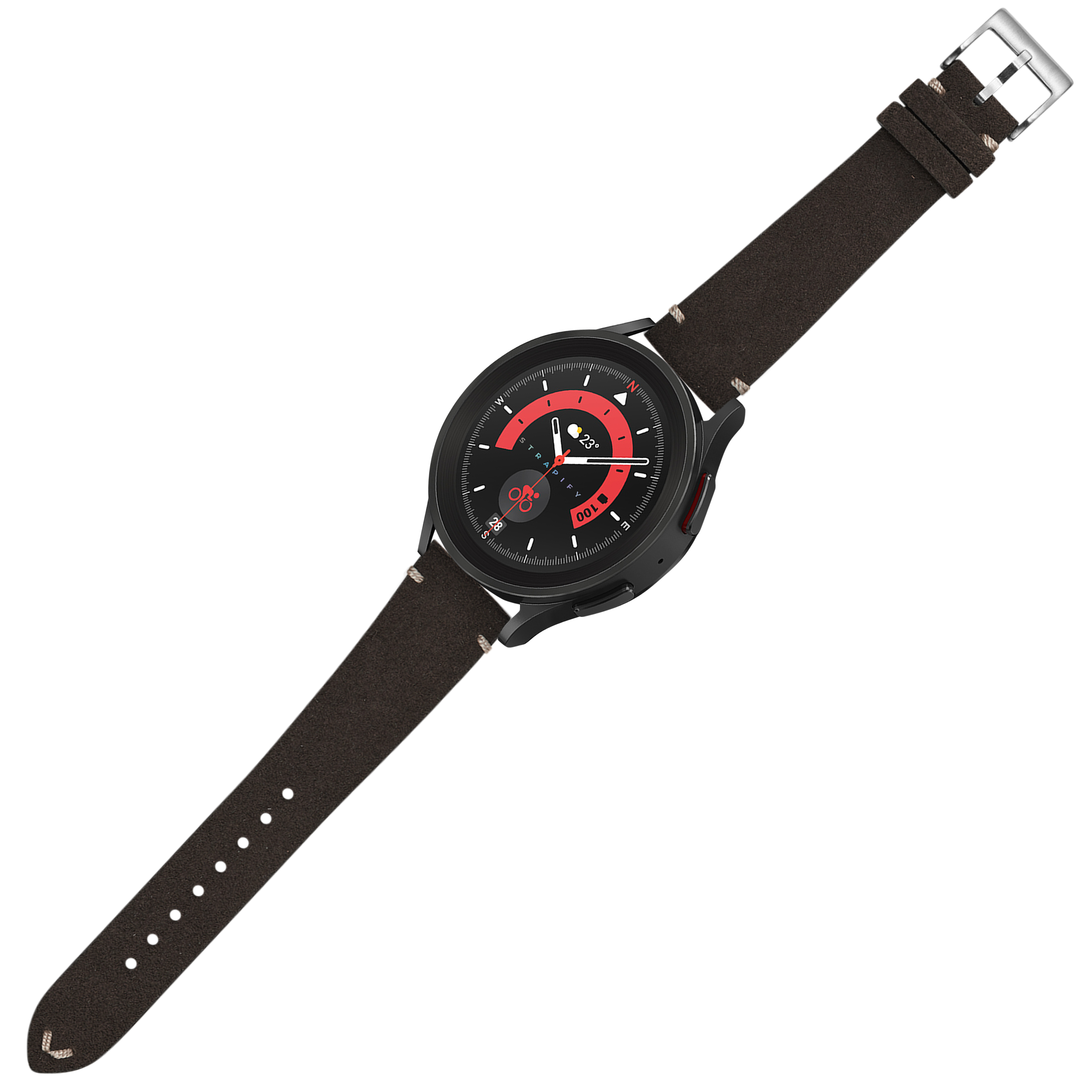 Black watch with red dial and dark brown leather vintage strap featuring quick release mechanism