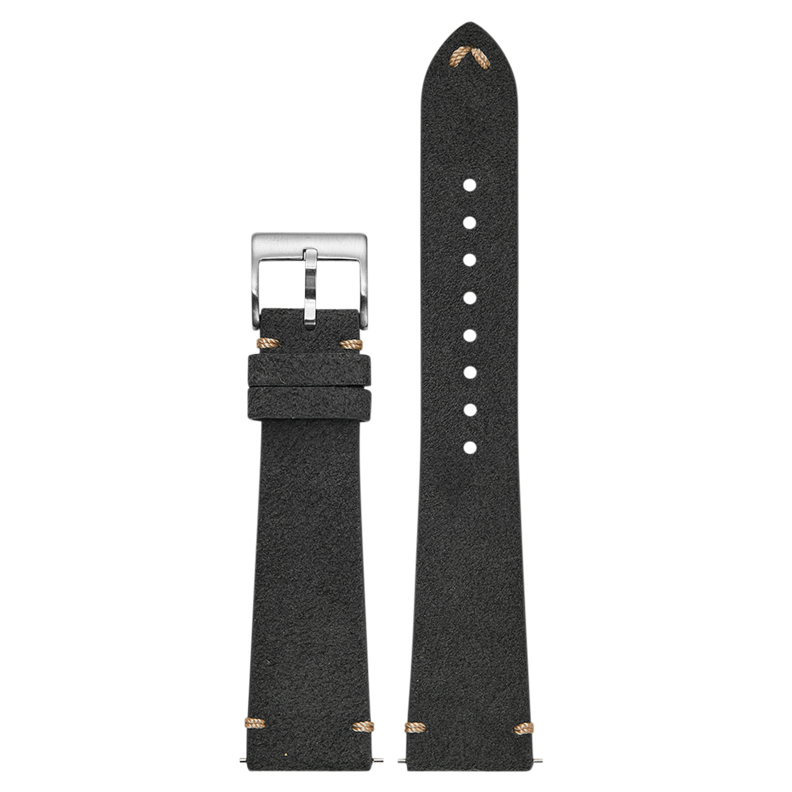 Dark grey Alcantara leather watch strap 20mm with quick-fit bars, silver buckle, and vintage gold accents