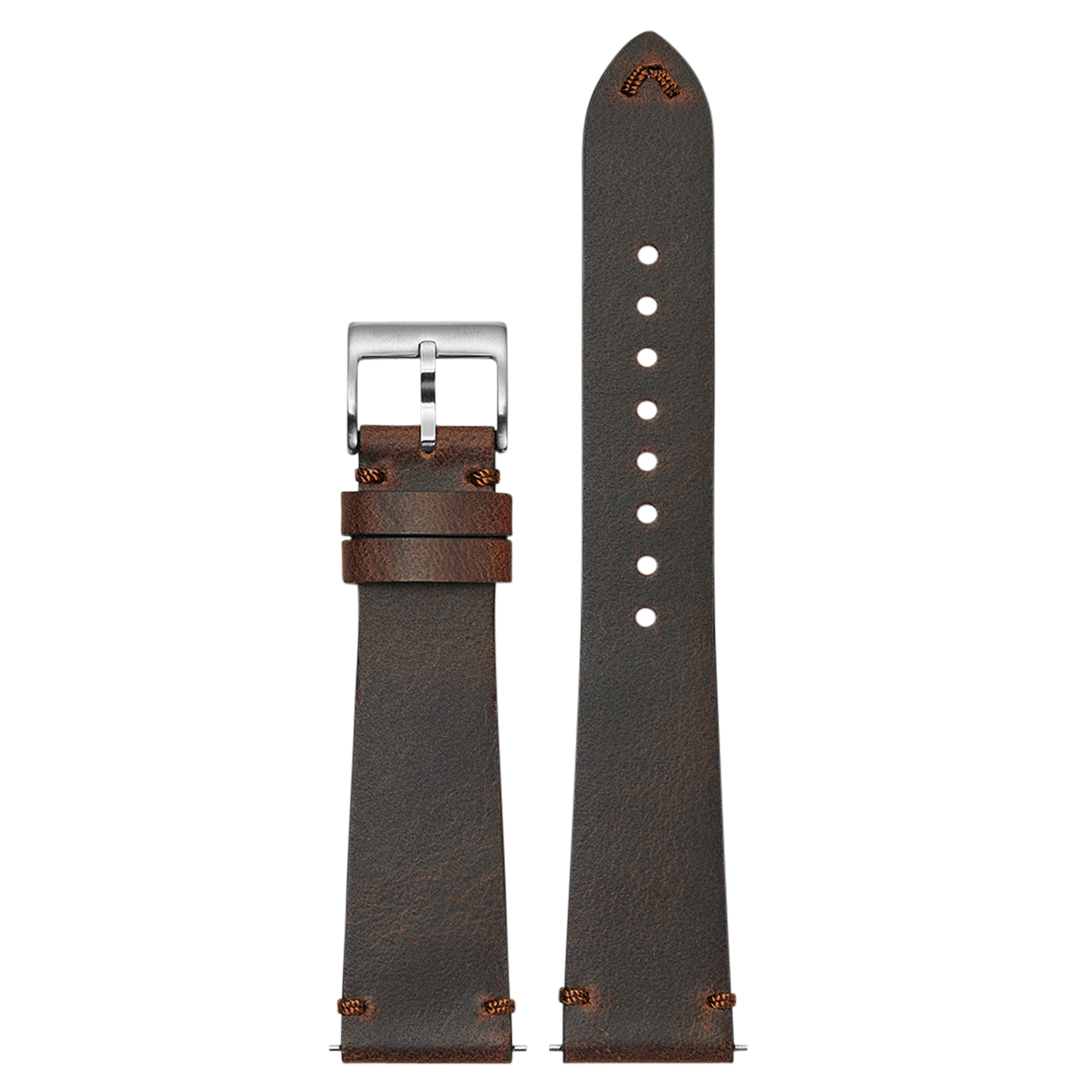 Vintage Crazy Horse leather watch band with quick release, charcoal grey and brown, silver buckle and adjustment holes