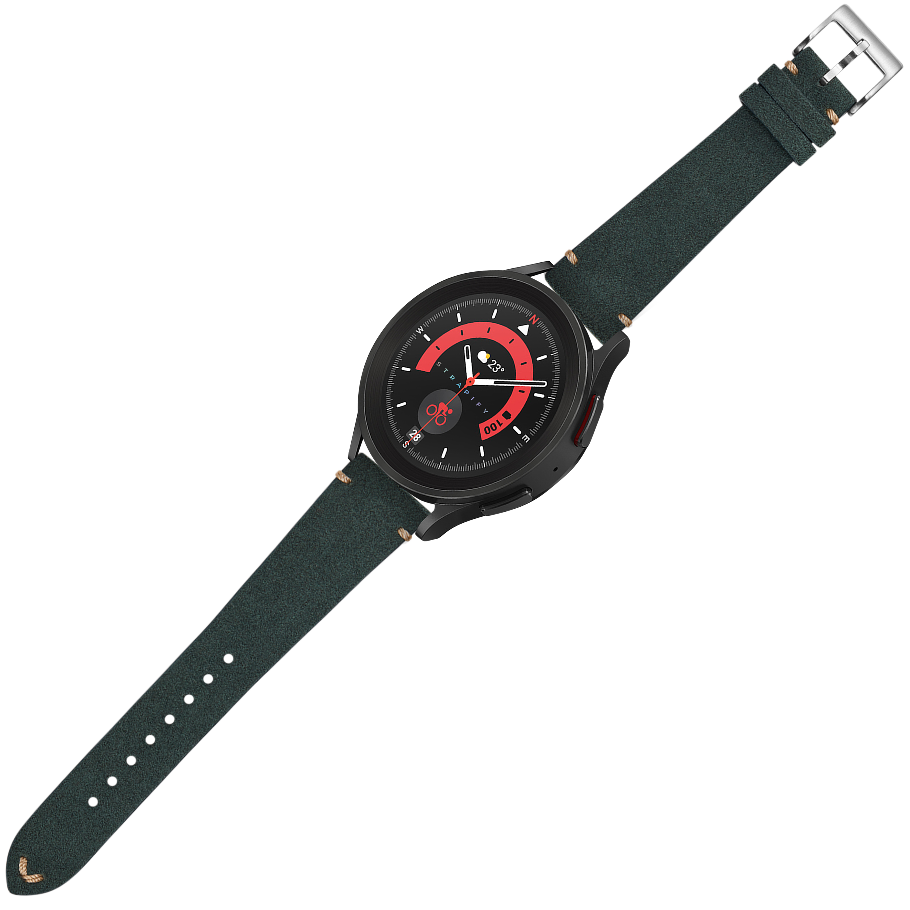 Black smartwatch with red dial, forest green Alcantara leather strap, quick release buckle