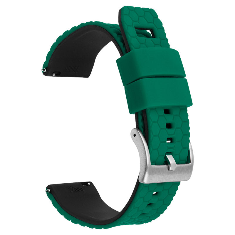Green silicone smartwatch band with hexagon texture, quick release buckle, and black inner lining