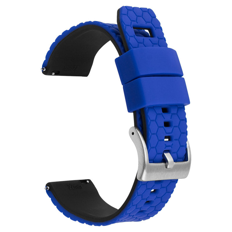 Blue hexagon silicone quick release smartwatch band with black inner lining and silver buckle