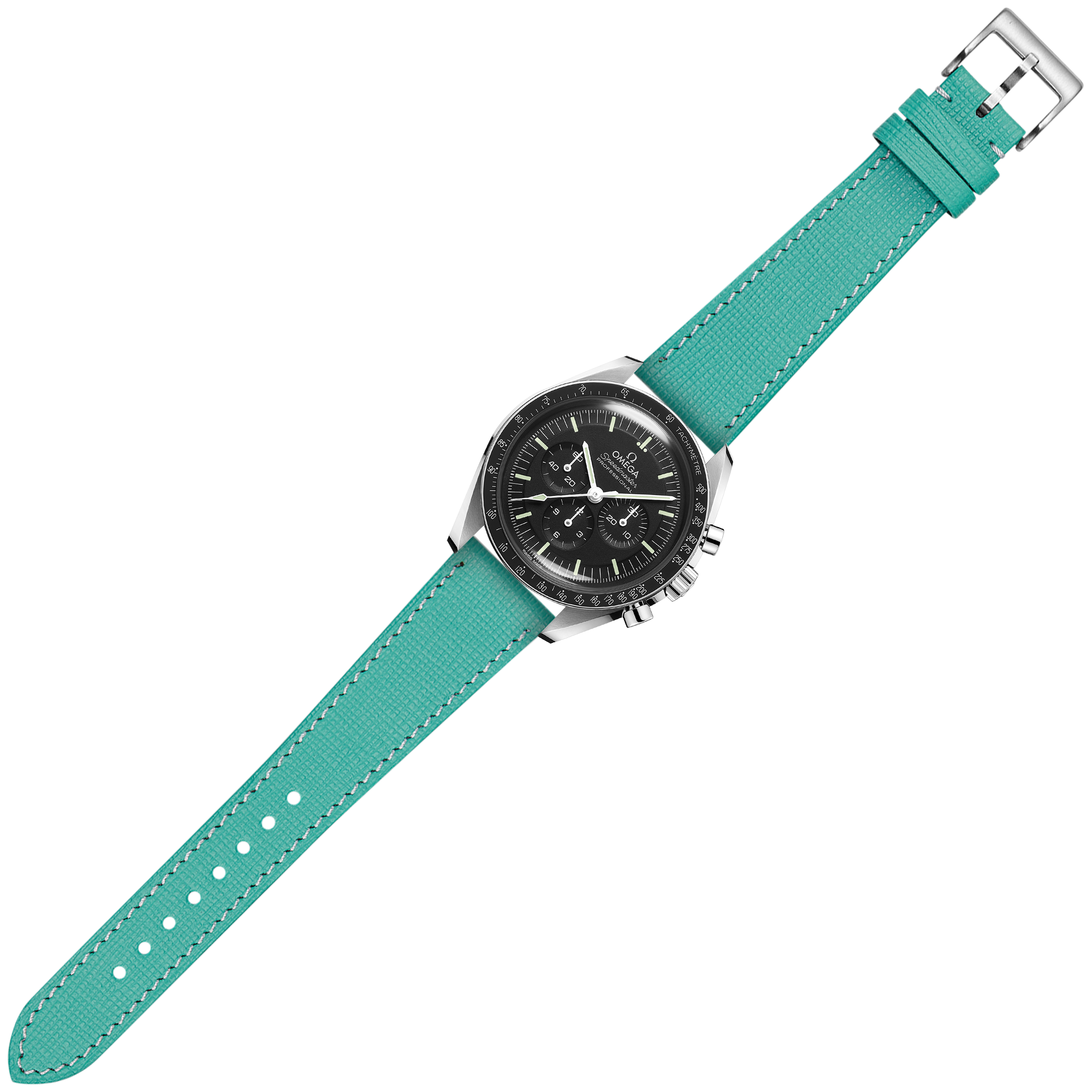 Chronograph watch with black dial and stainless steel case on tiffany blue leather quick release band with white stitching