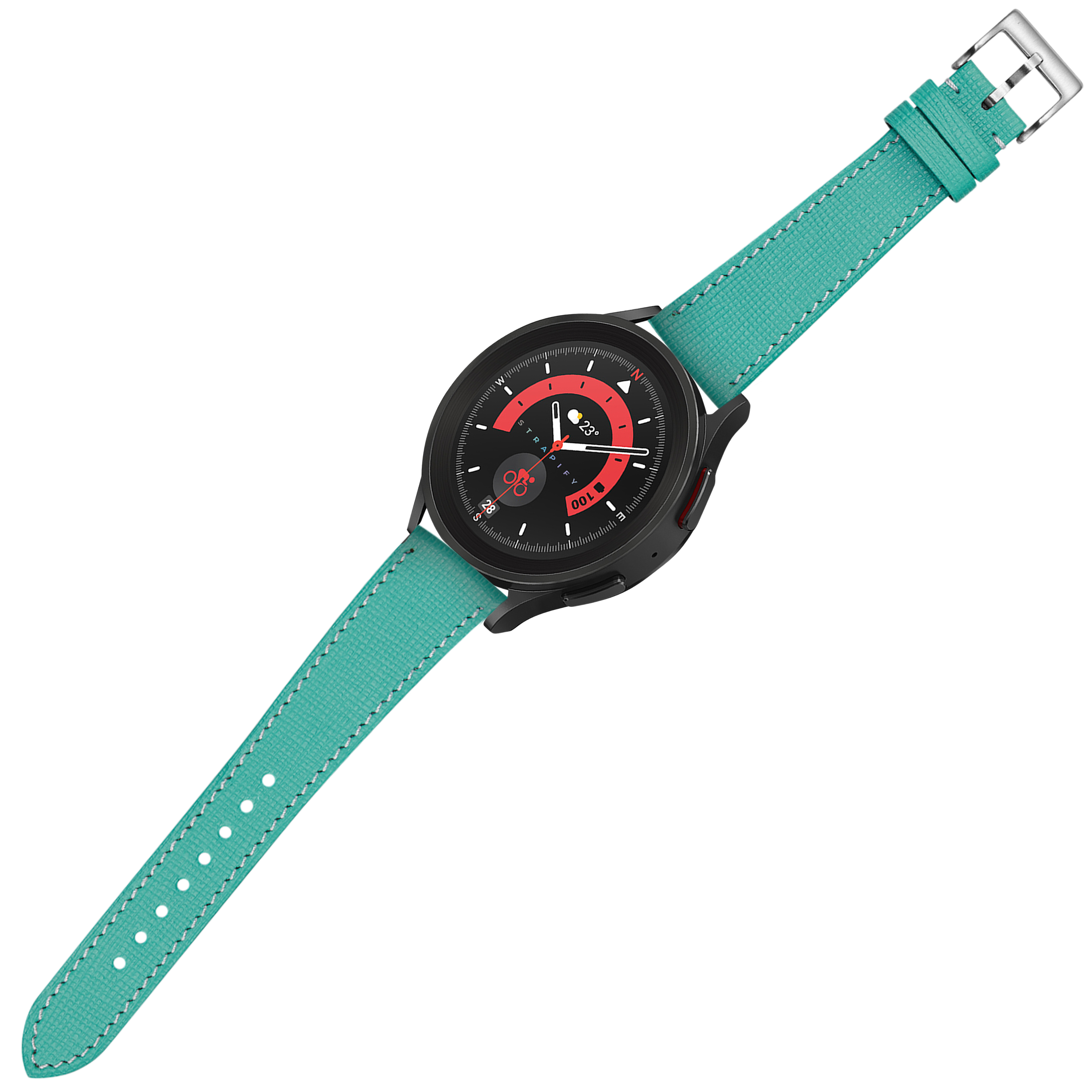 Black sports watch with red dial and tiffany blue leather strap featuring white stitching and quick release buckle