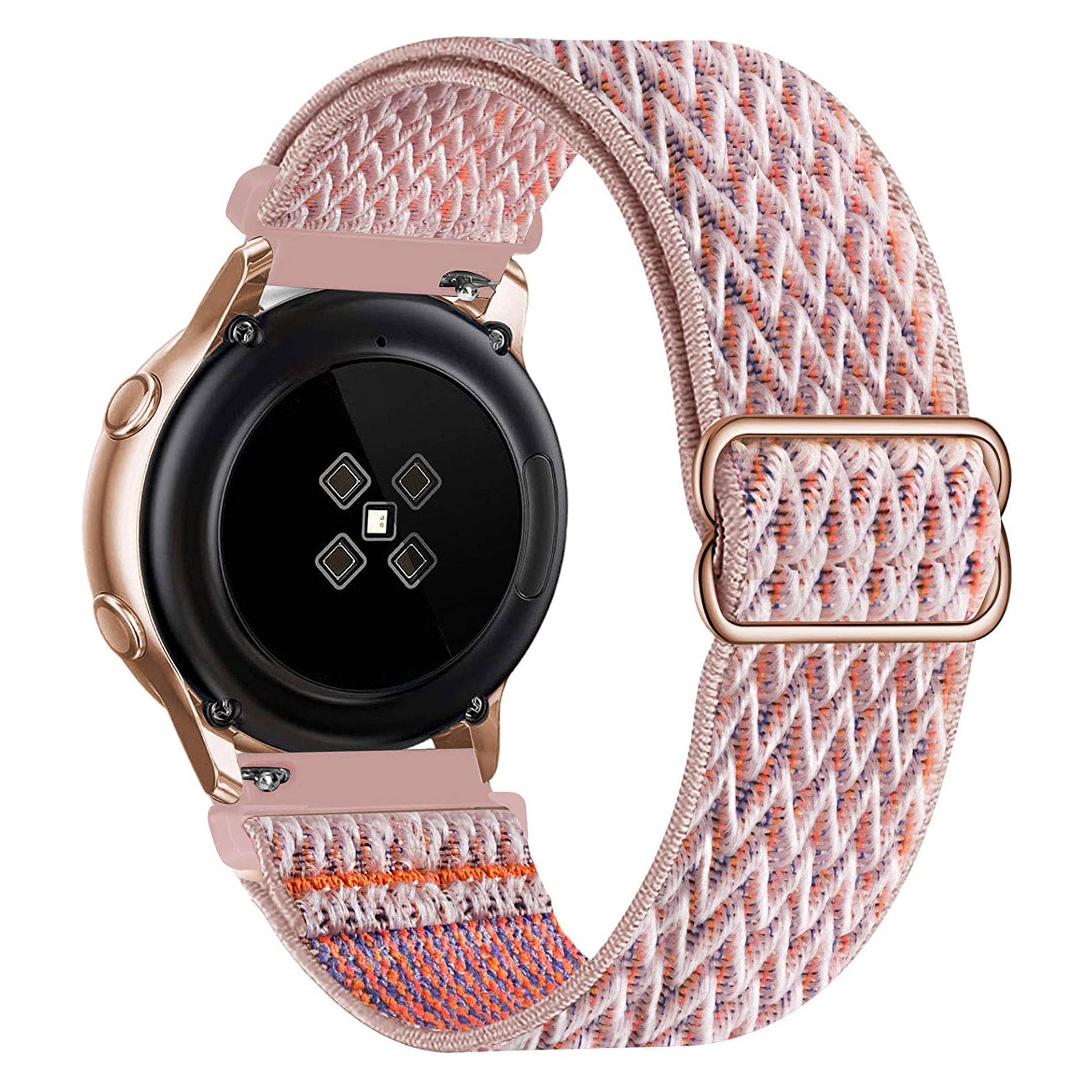 Rose gold smartwatch with woven pink, coral and blue fabric quick release loop band