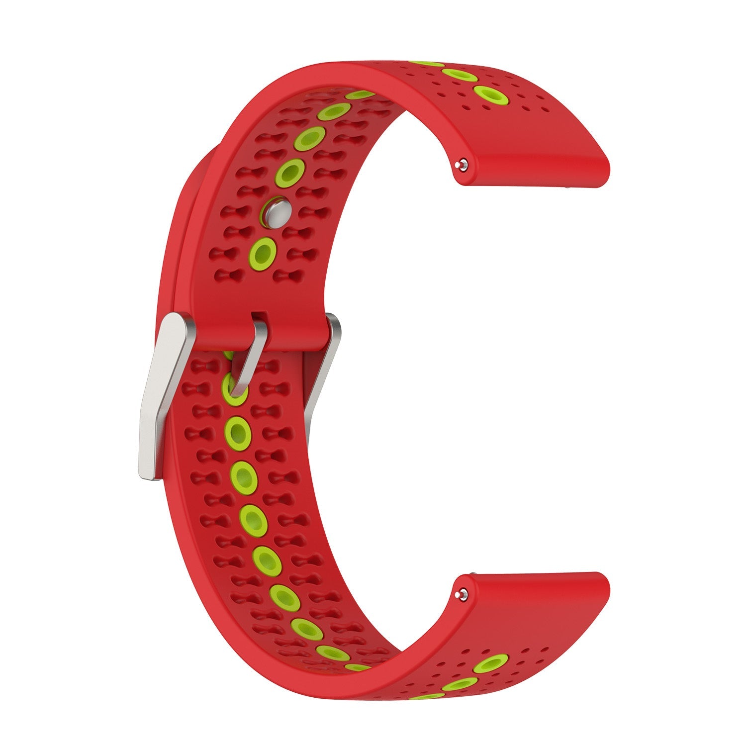 Red and lime silicone sport watch band with quick release pins and perforated breathable design