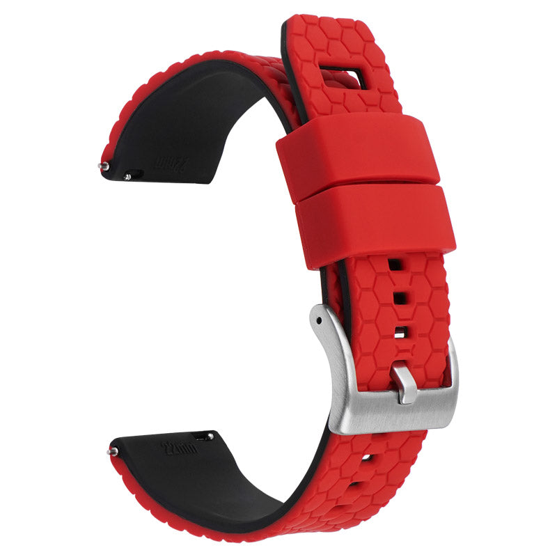 Red silicone quick release watch band with hexagon pattern and silver buckle