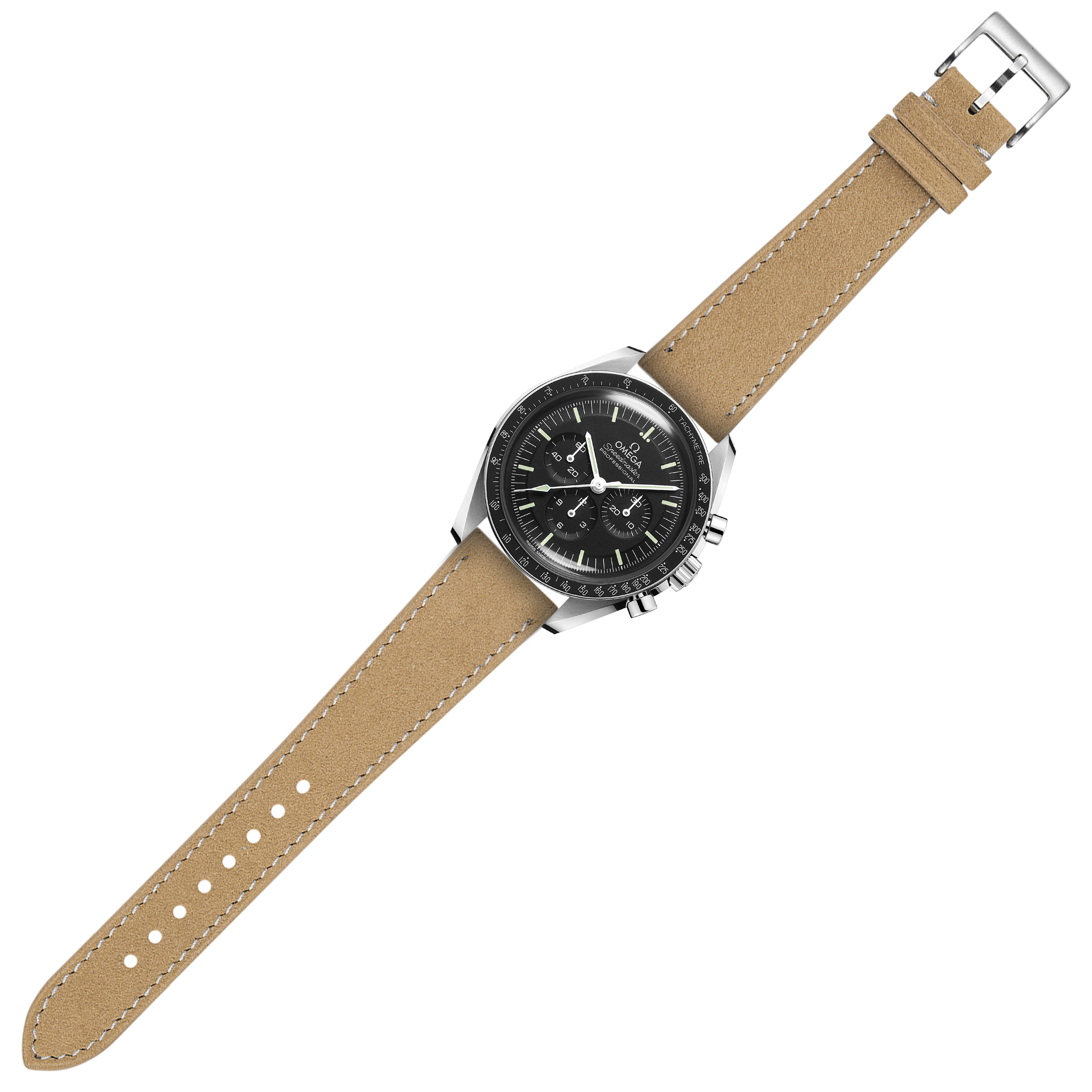 Men's chronograph watch with black dial and stainless steel case on brown Alcantara leather strap with white stitching