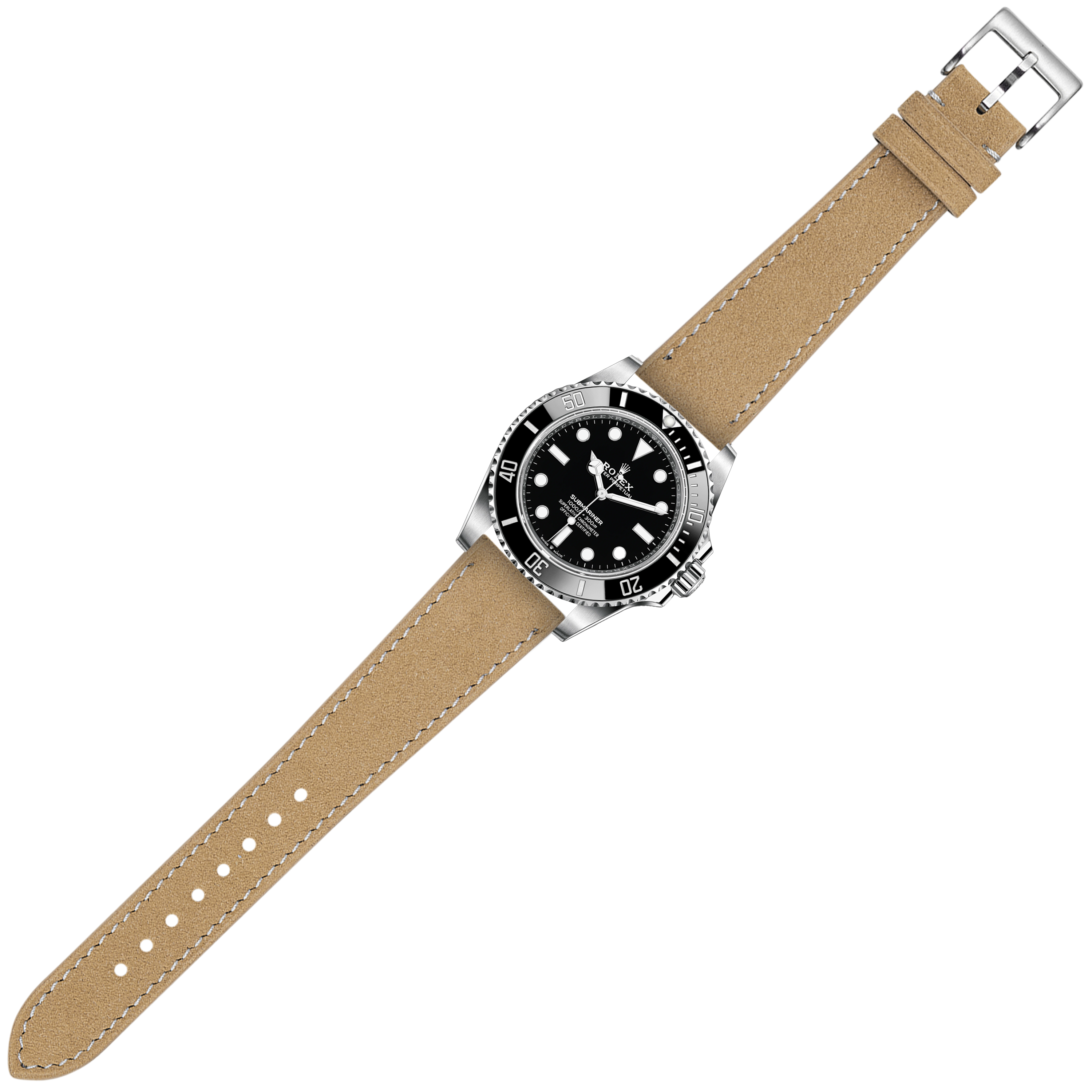 Luxury dive watch with black dial and rotating bezel on tan Alcantara leather quick release strap with white stitching