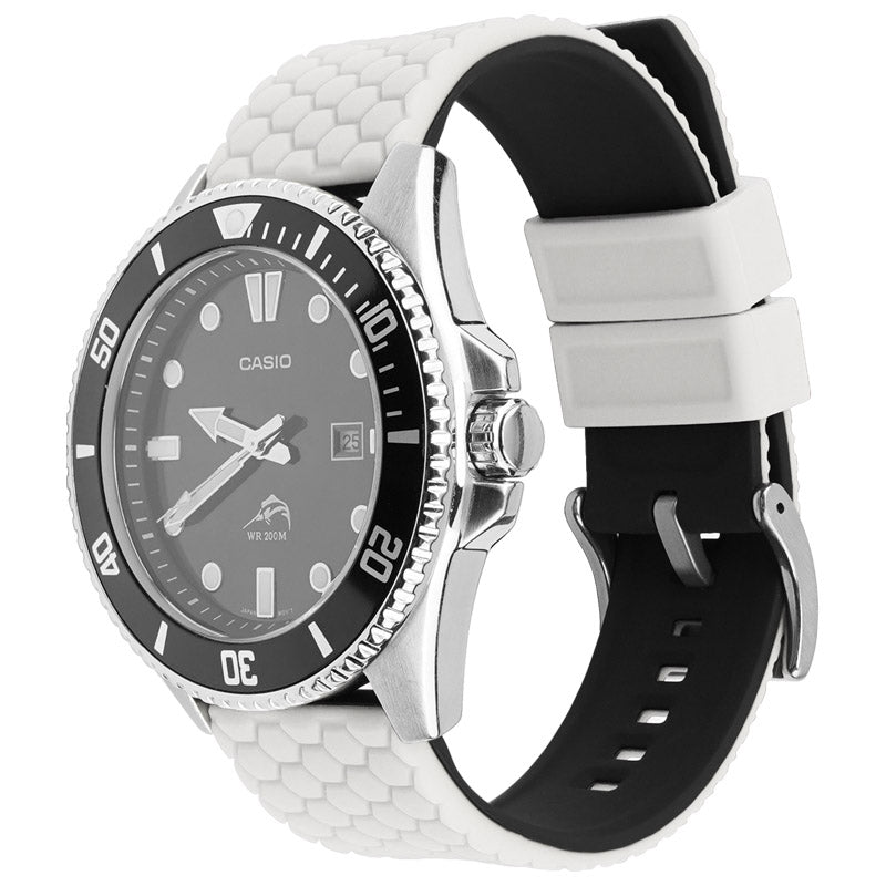 Casio diver watch with white hexagon silicone quick release band and black dial, water resistant 200m