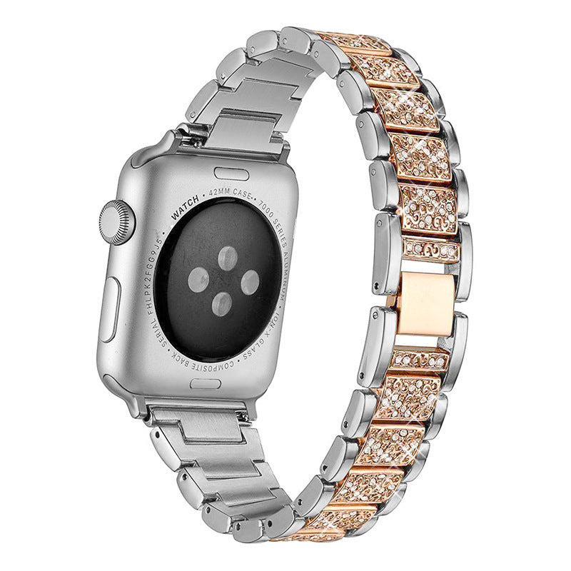 Mixed metal smartwatch band with silver stainless steel and rose gold crystal-encrusted quick release bracelet strap