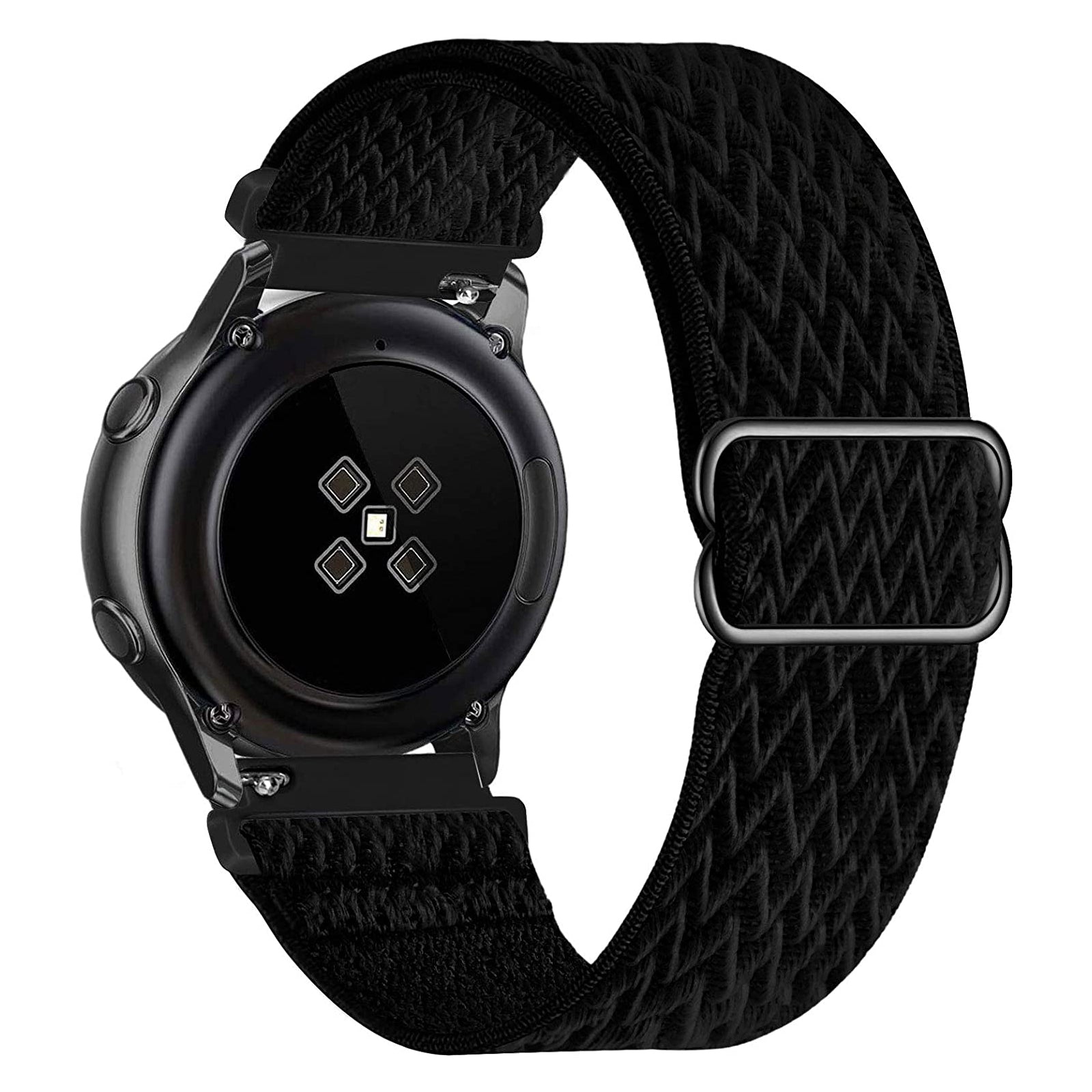 Black smartwatch with woven loop band and quick release clasp mechanism