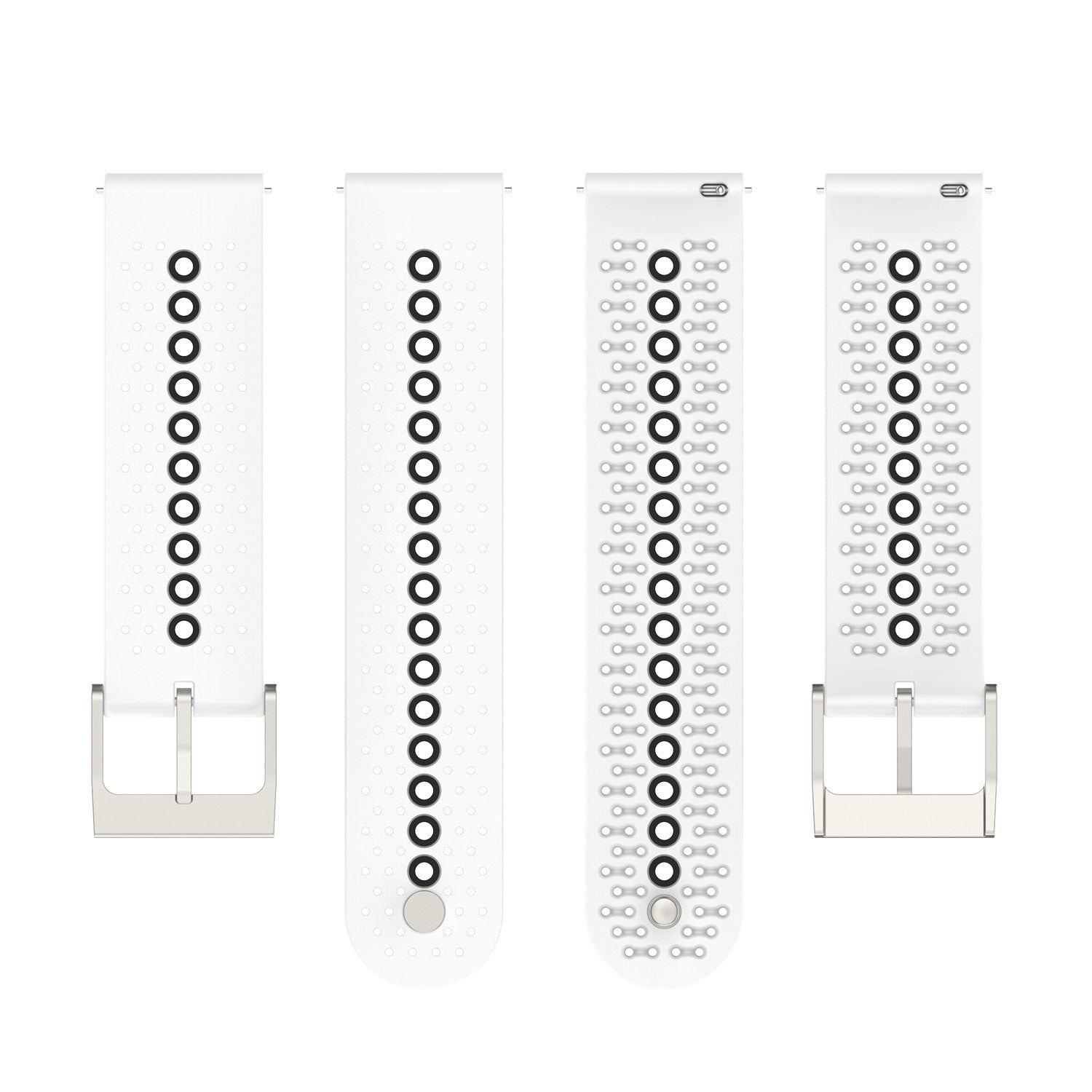 Quick Release Flexi Sports Silicone 2 watch bands in white with black and gray connector rings, shown in four style variations
