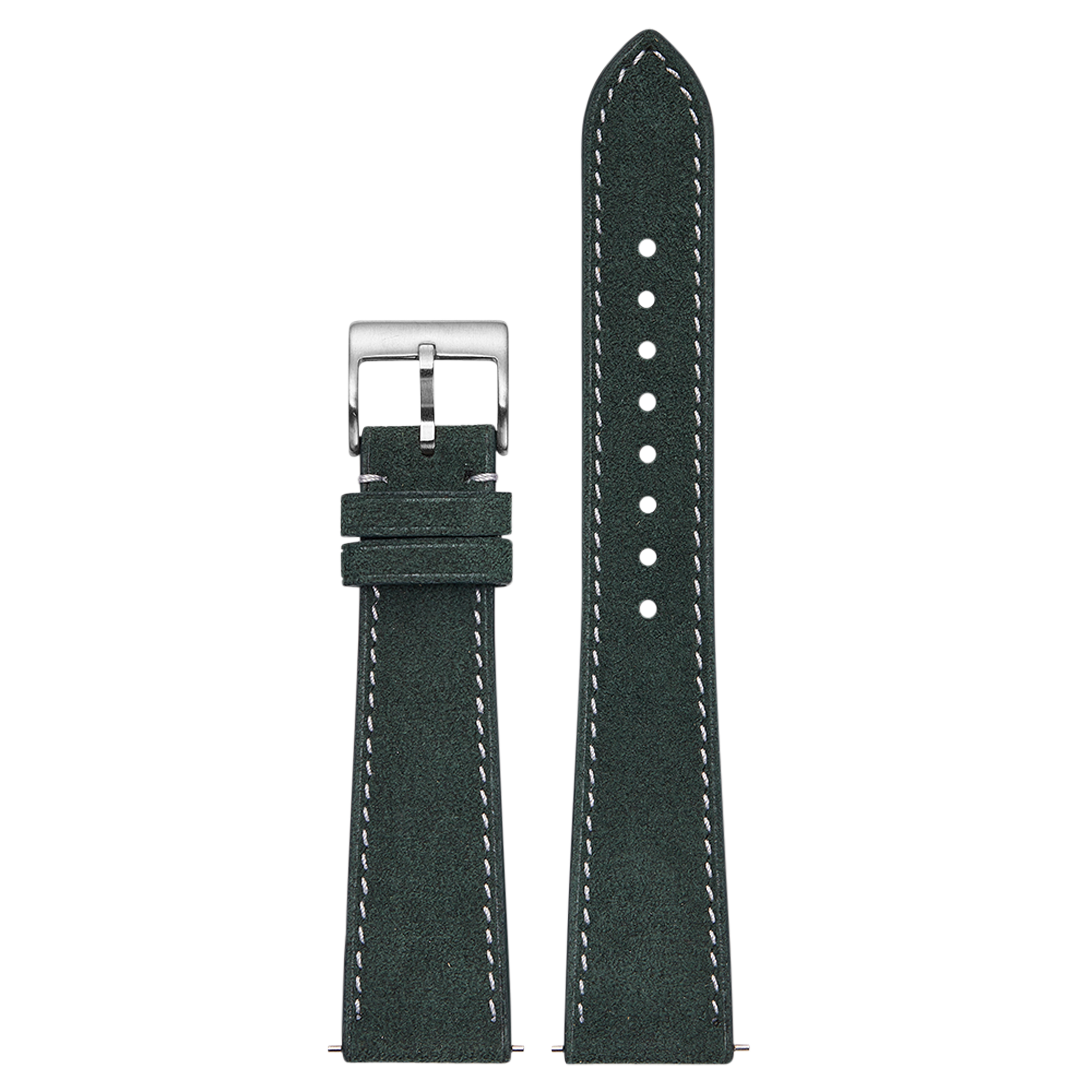 Green Alcantara leather watch band 20mm with white stitching, metal buckle