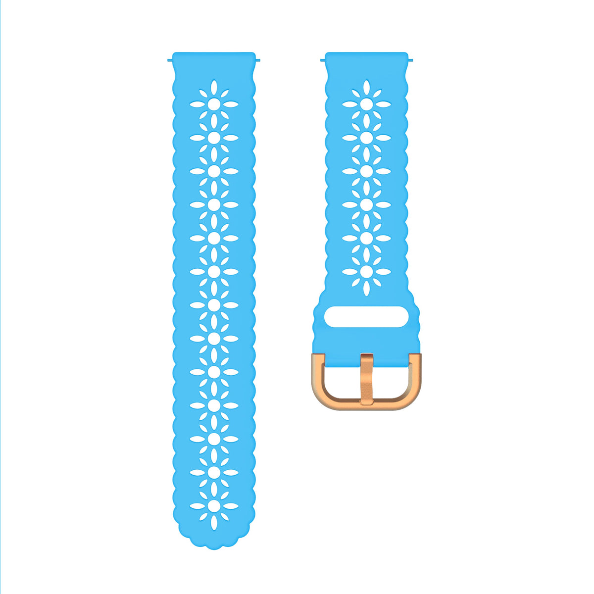 Blue silicone watch band with floral daisy cutout pattern and rose gold quick release buckle hardware