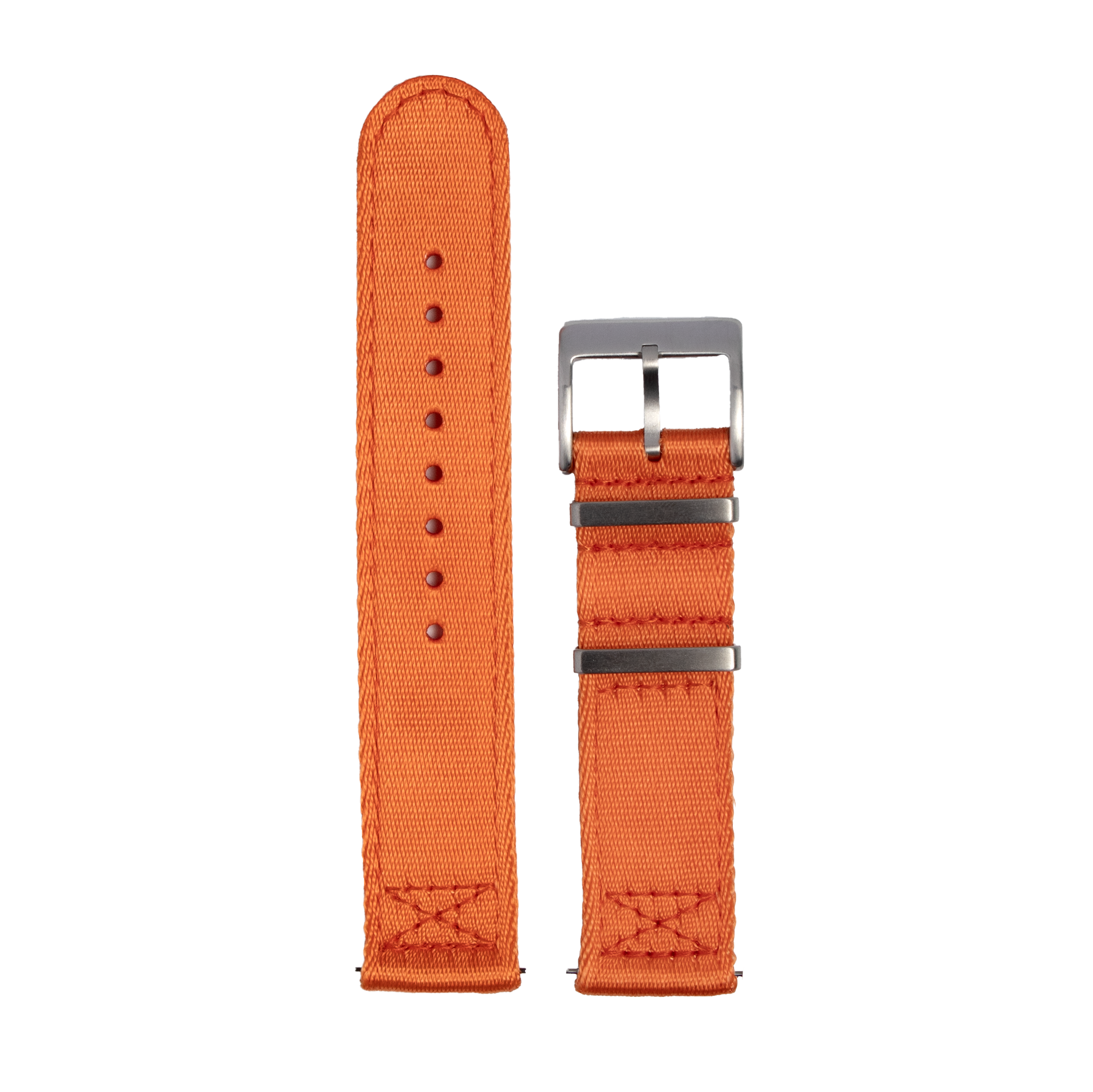Orange fabric quick release watch band with gunmetal buckle and adjustment holes, military-style design