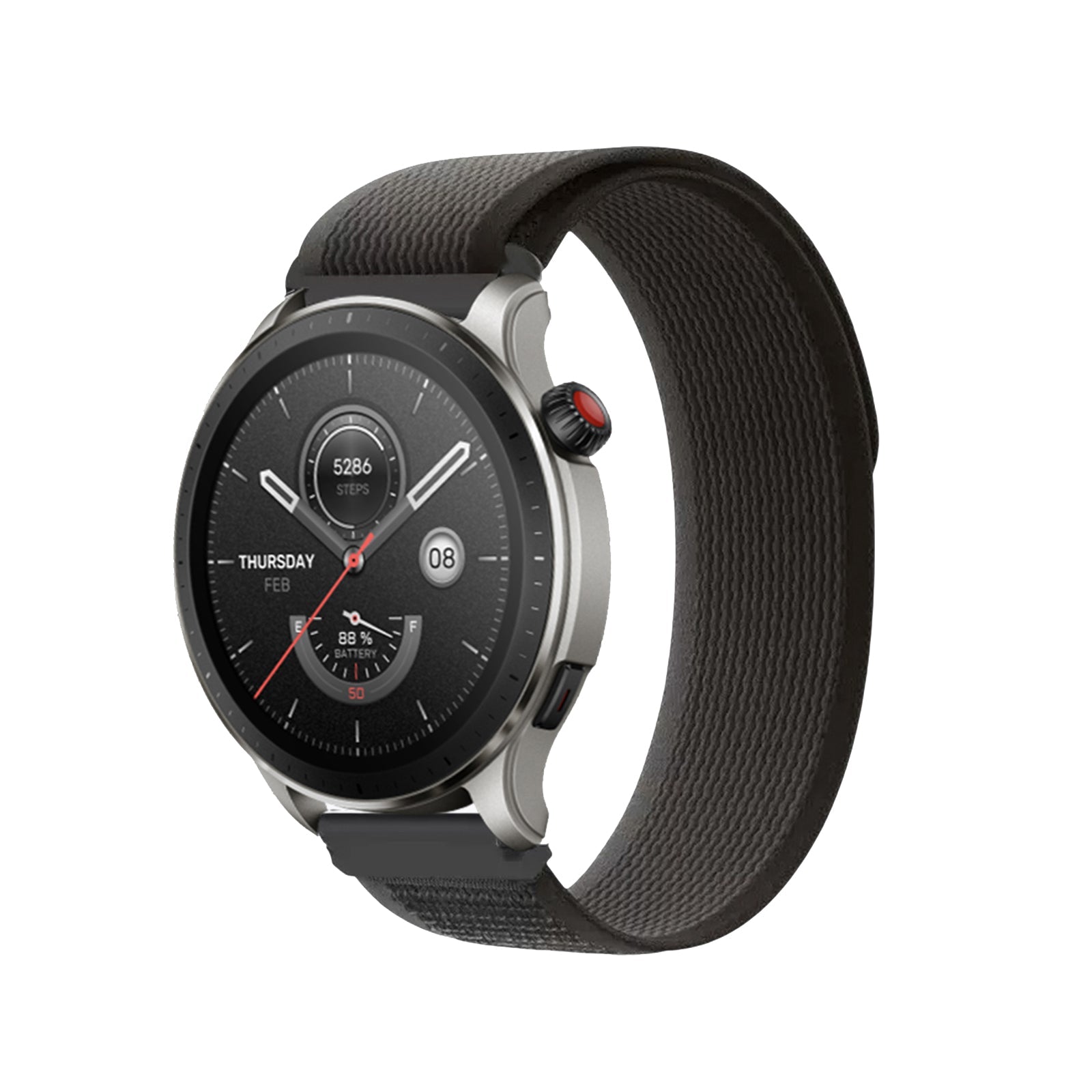 Black smartwatch with round display showing steps and date, featuring gray aluminum case and quick release trail loop fabric band