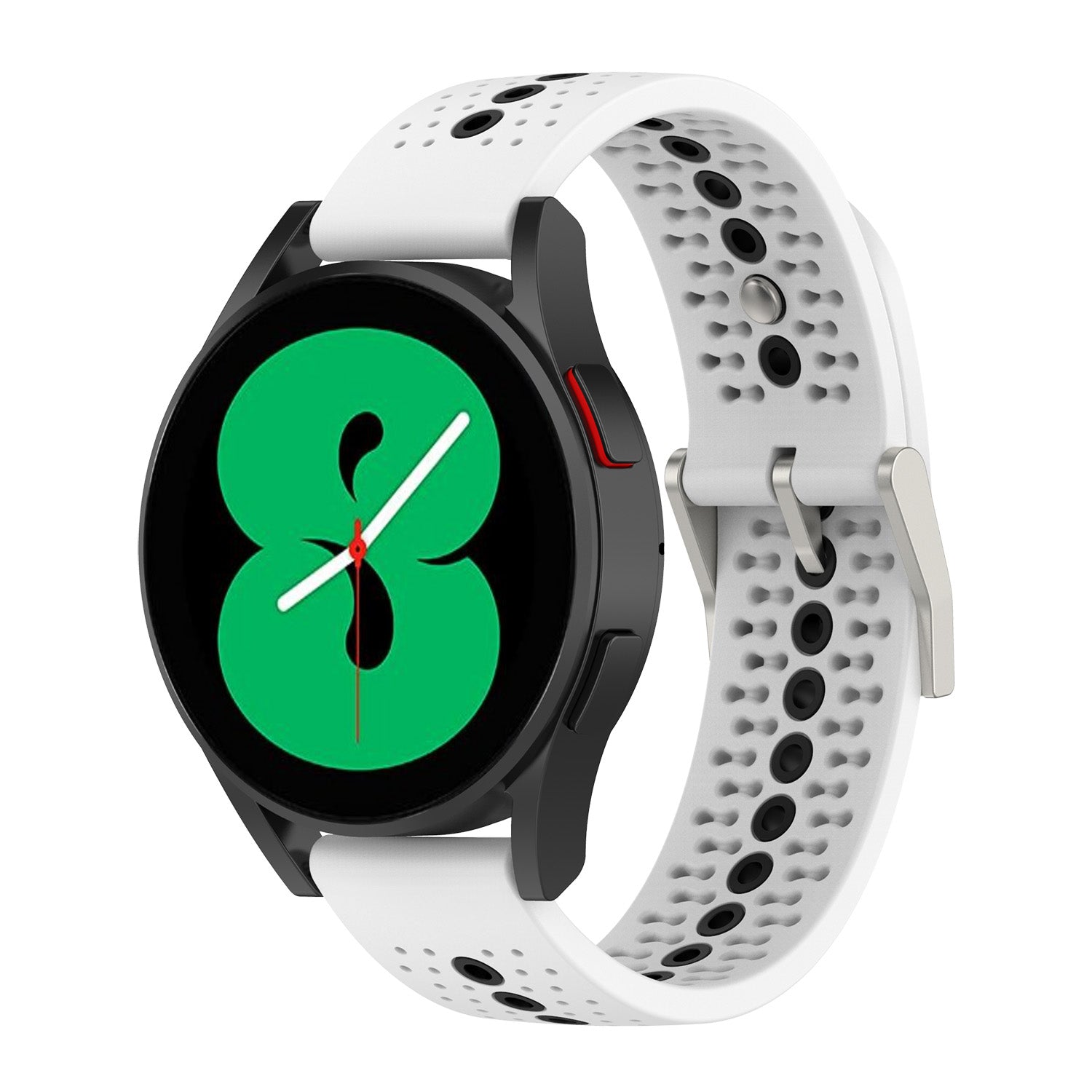 Black smartwatch with white perforated sports band displaying green watch face with white hand and red accents