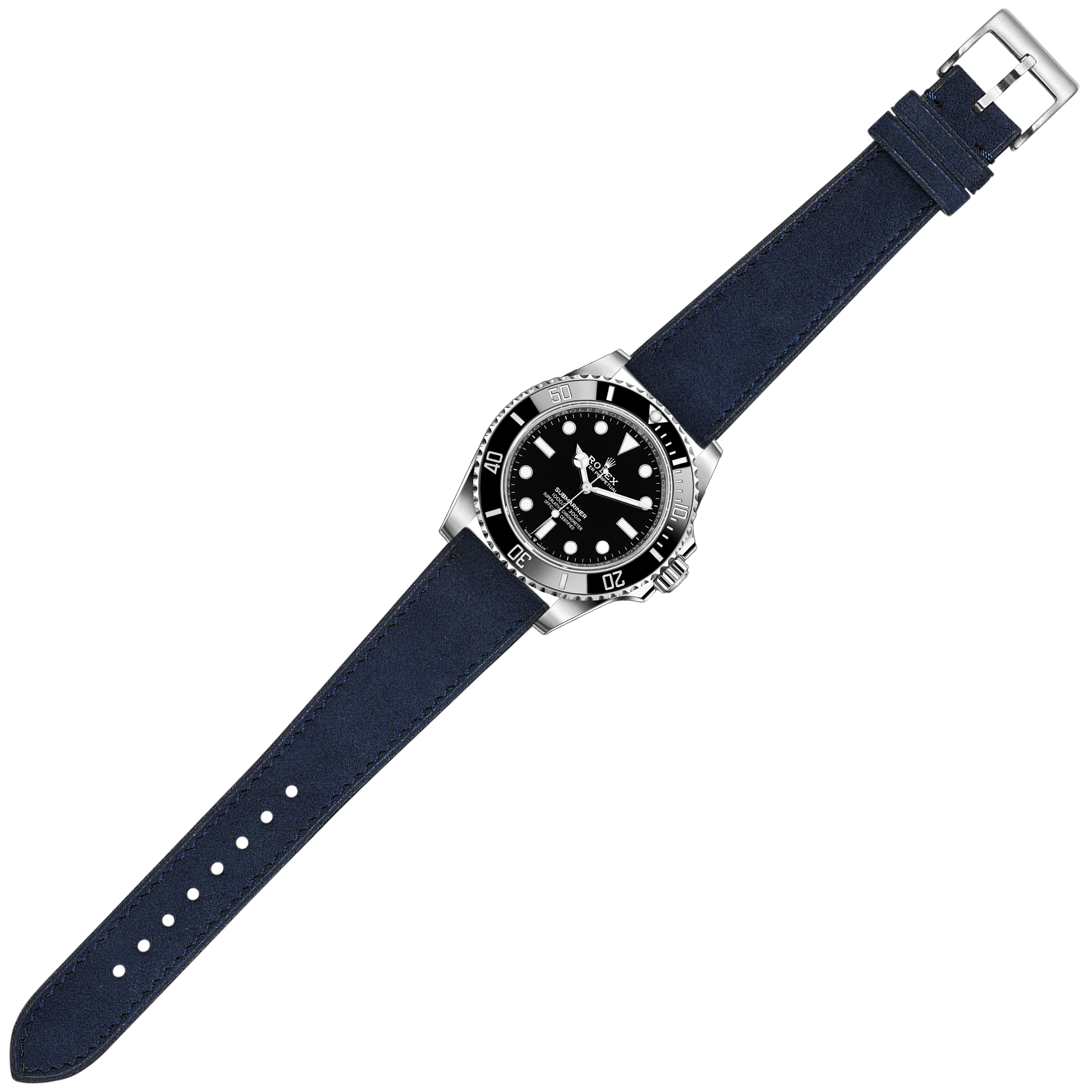 Stainless steel dive watch with black dial and rotating bezel on navy blue Alcantara leather quick release strap