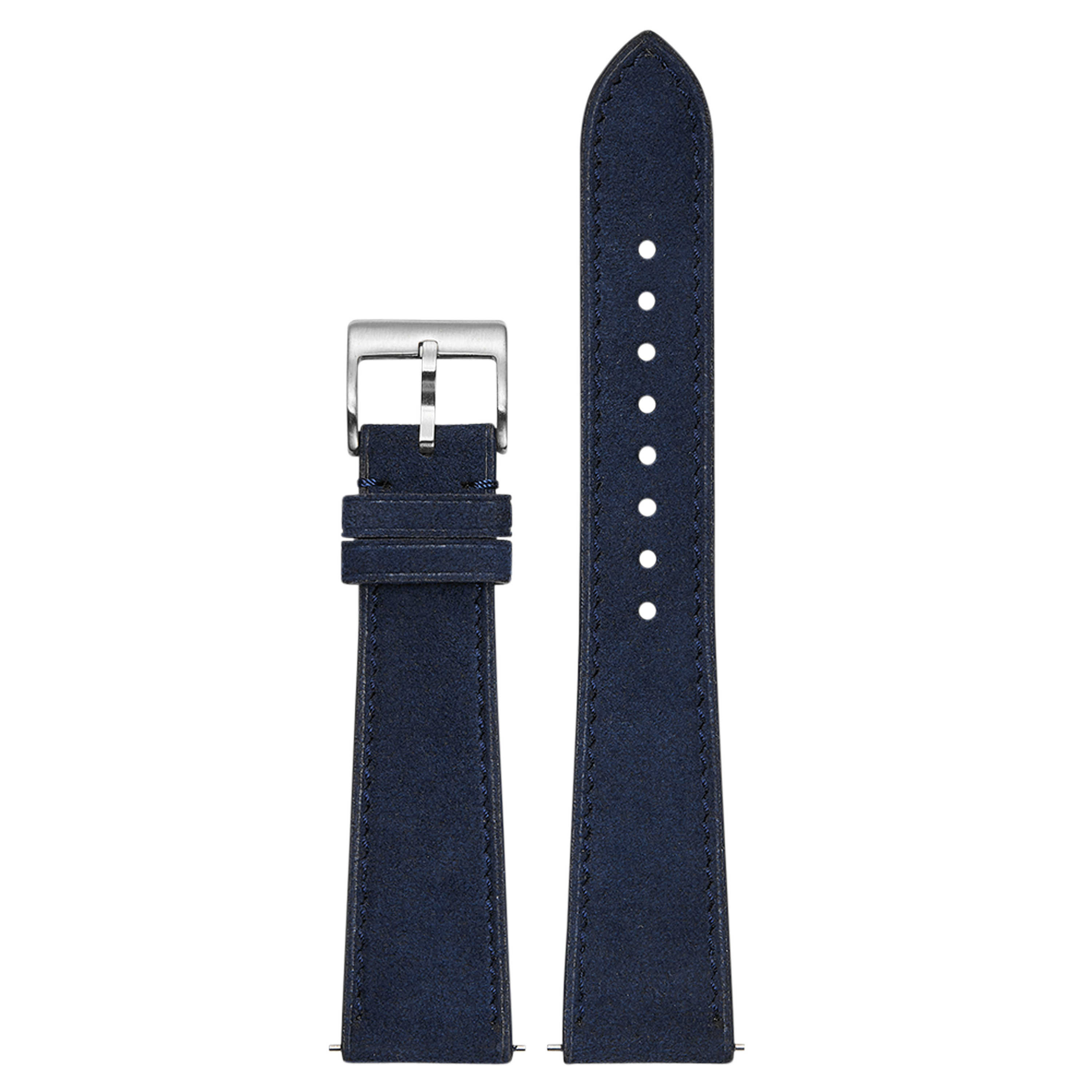 Navy blue QuickFit Alcantara leather watch strap 20mm with silver buckle and white stitching holes