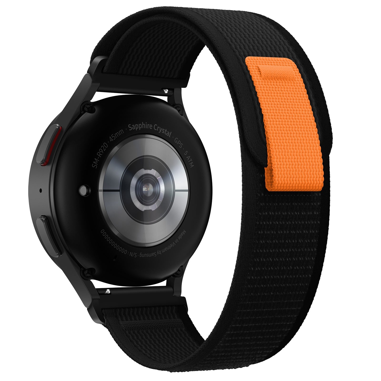 Black smartwatch with sapphire crystal display and orange quick release trail loop band