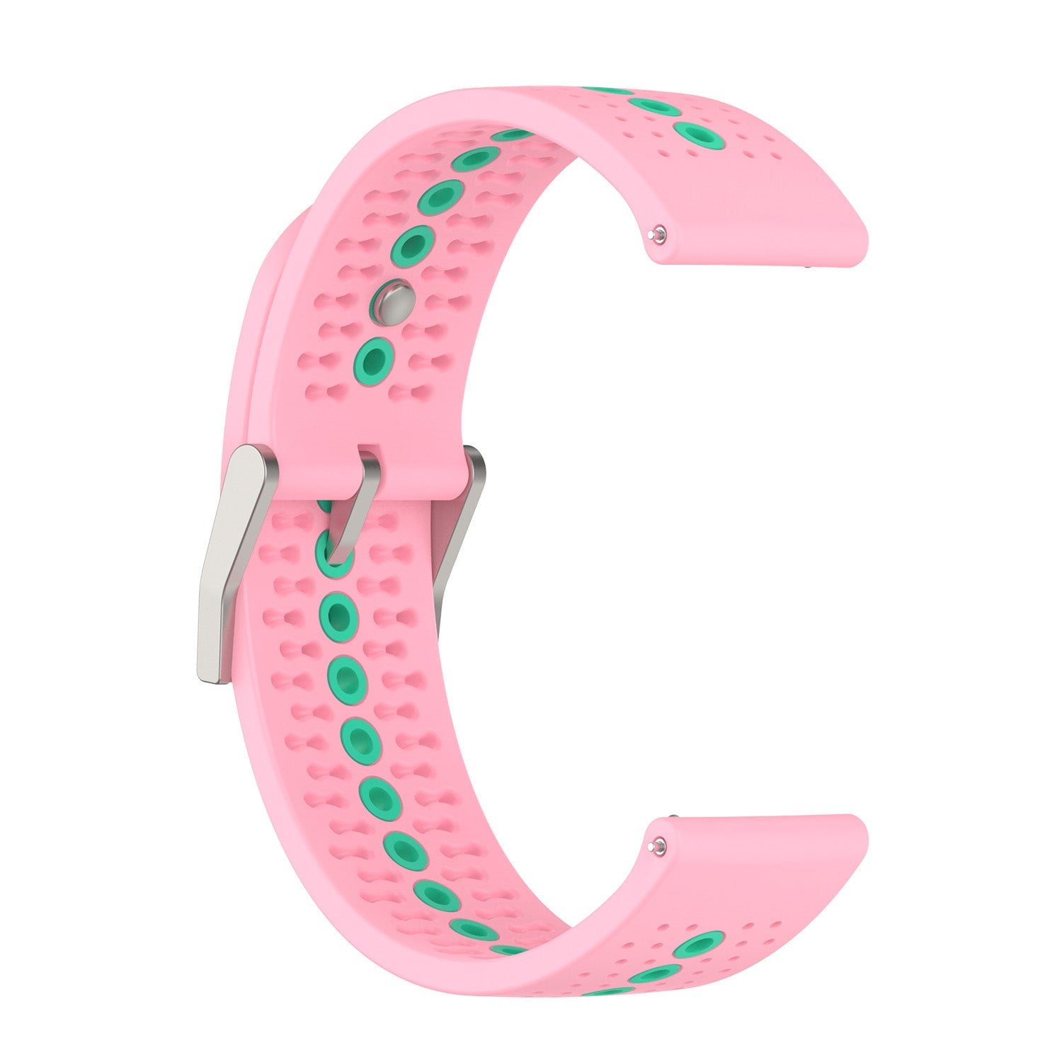 Pink and green perforated silicone smartwatch band with quick release mechanism and metal connectors