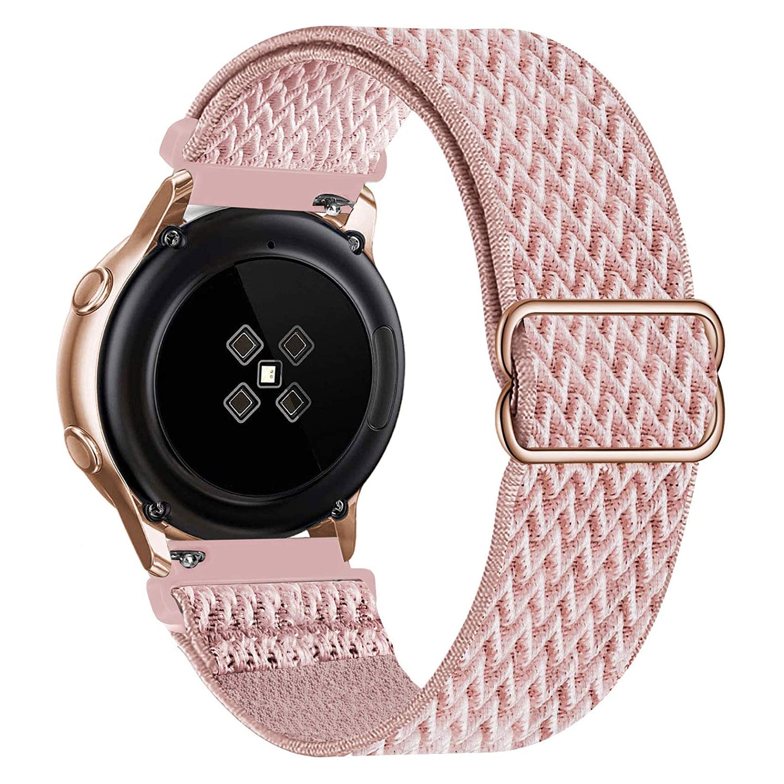 Rose gold smartwatch with black display and pink woven fabric loop band with quick release buckle