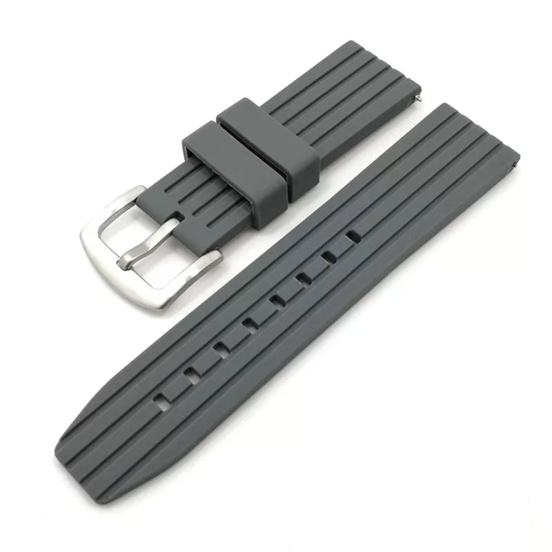 Grey silicone quick release watch band with metal buckle, ribbed texture design for sports and diving watches