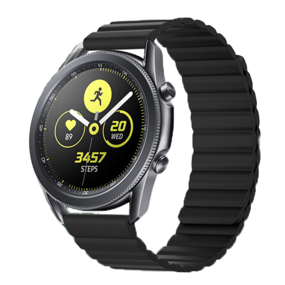Black smartwatch with magnetic silicone loop band displaying fitness tracking metrics and step count on yellow dial