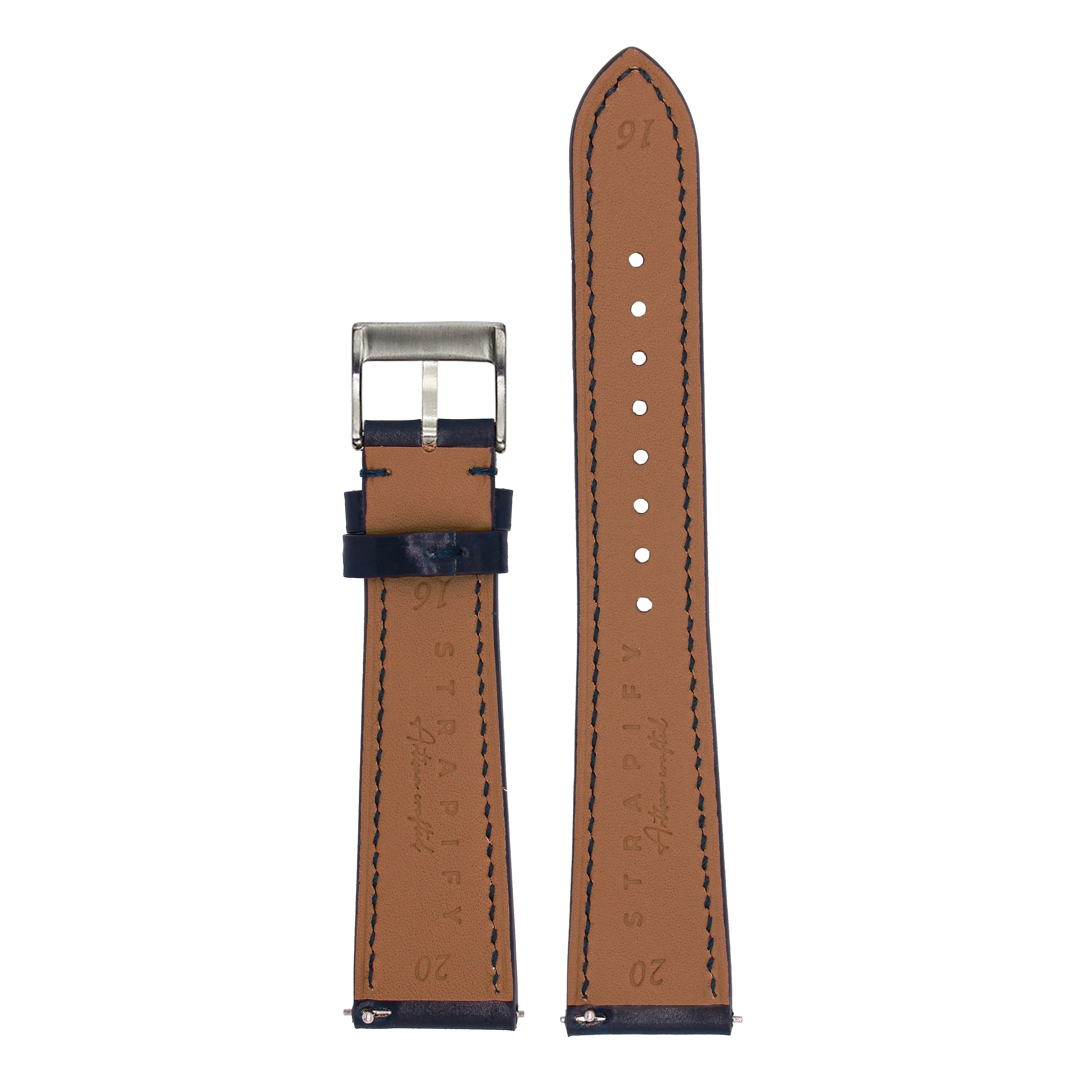 Tan leather quick release watch strap with navy blue accents, contrasting stitching, and brushed steel buckle