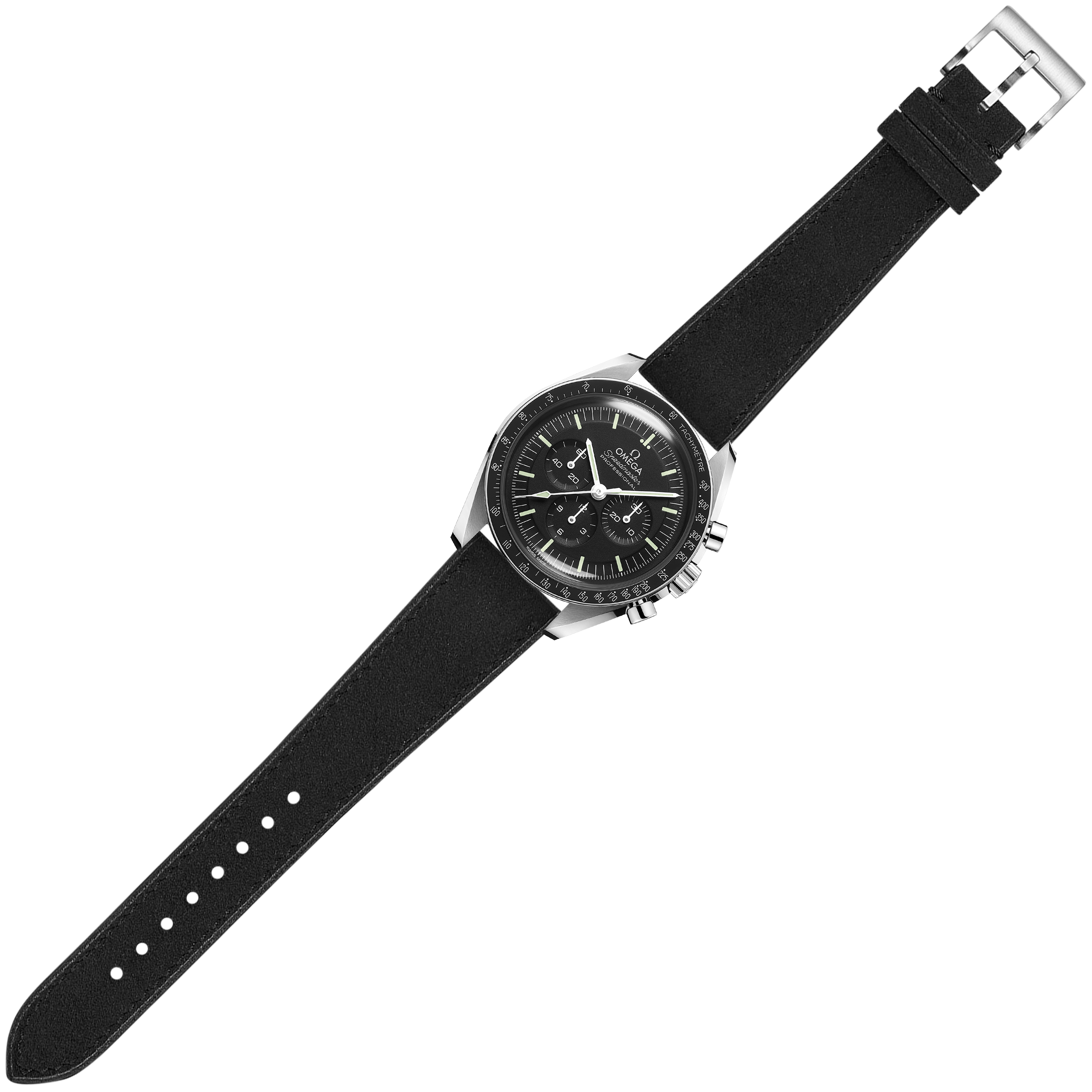 Black Alcantara leather quick release watch strap with silver buckle and adjustment holes, displayed on chronograph timepiece