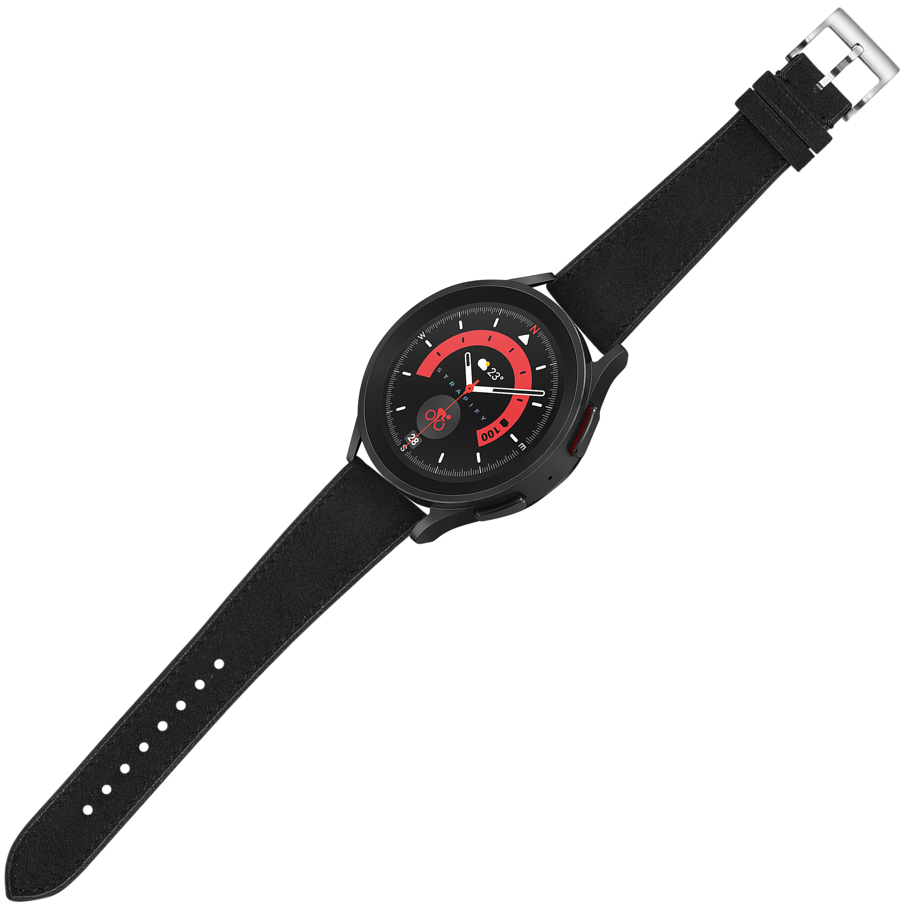 Black Alcantara leather watch strap with quick release mechanism and silver buckle on modern smartwatch with red dial