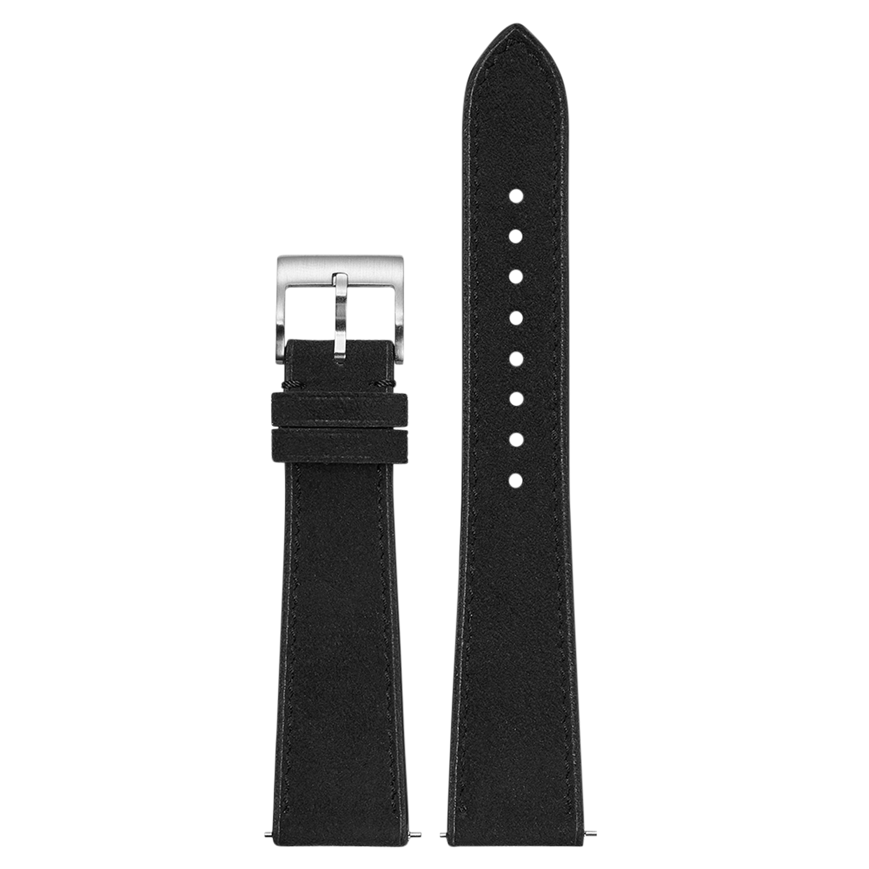 Black Alcantara leather watch band 20mm with silver buckle and quick-fit system