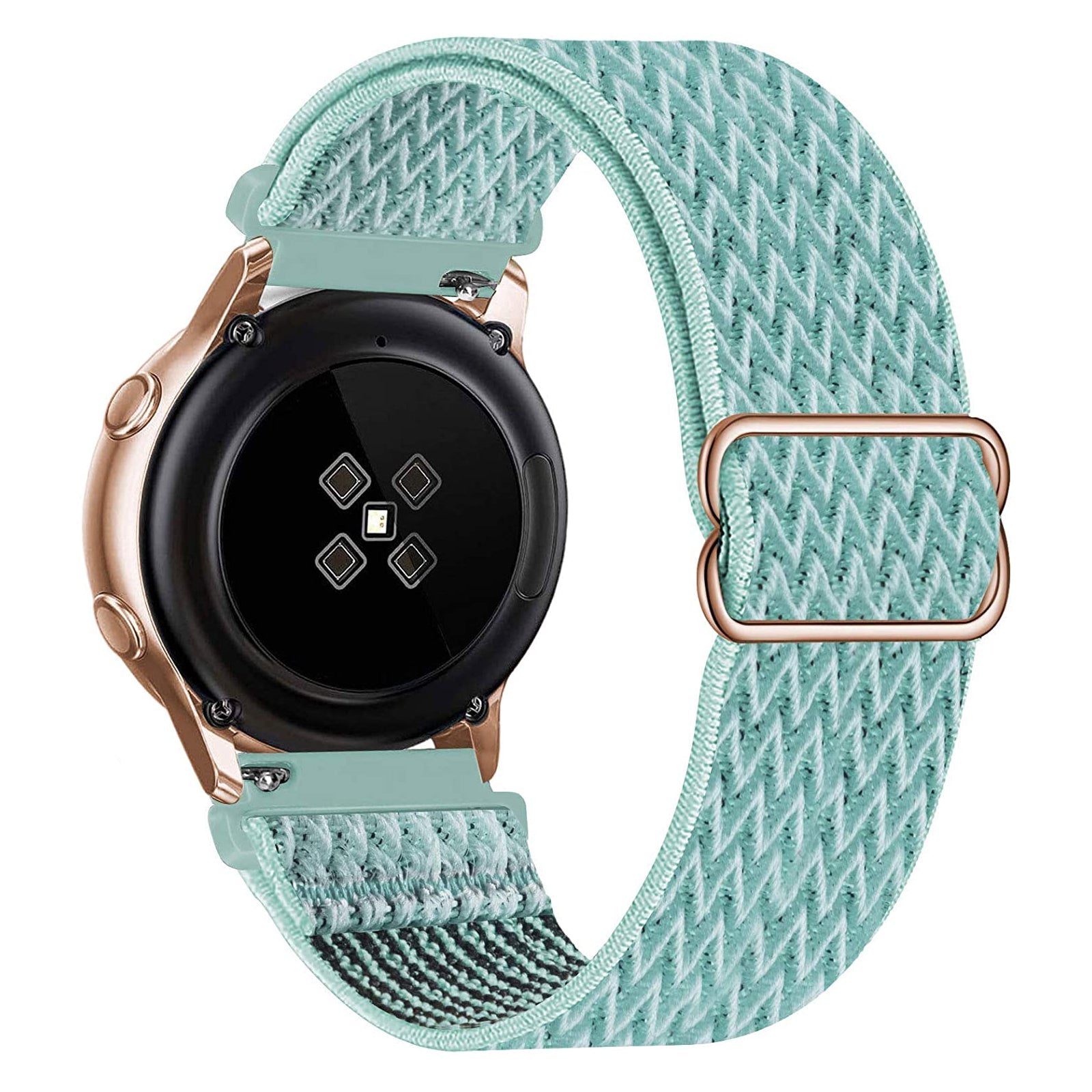 Mint woven elastic smartwatch band with rose gold quick release connector for universal watch compatibility