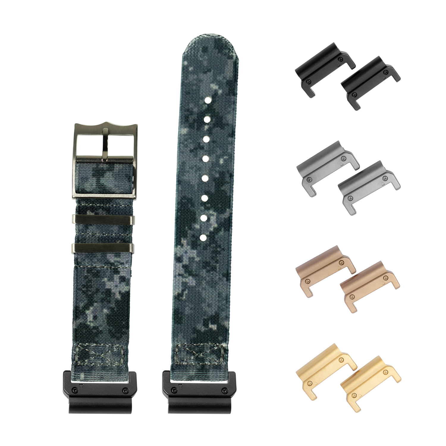 Digital camo fabric watch band with quick-fit lugs in multiple metal finishes for easy strap replacement