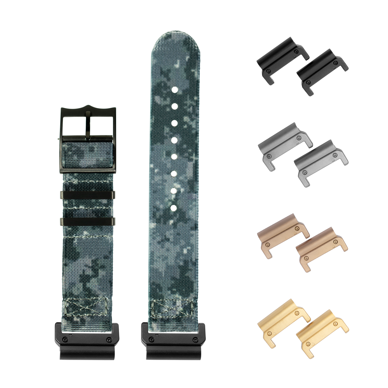 QuickFit ElastoFlex digital camo fabric watch band 22mm with interchangeable black, silver, bronze and gold hardware lugs