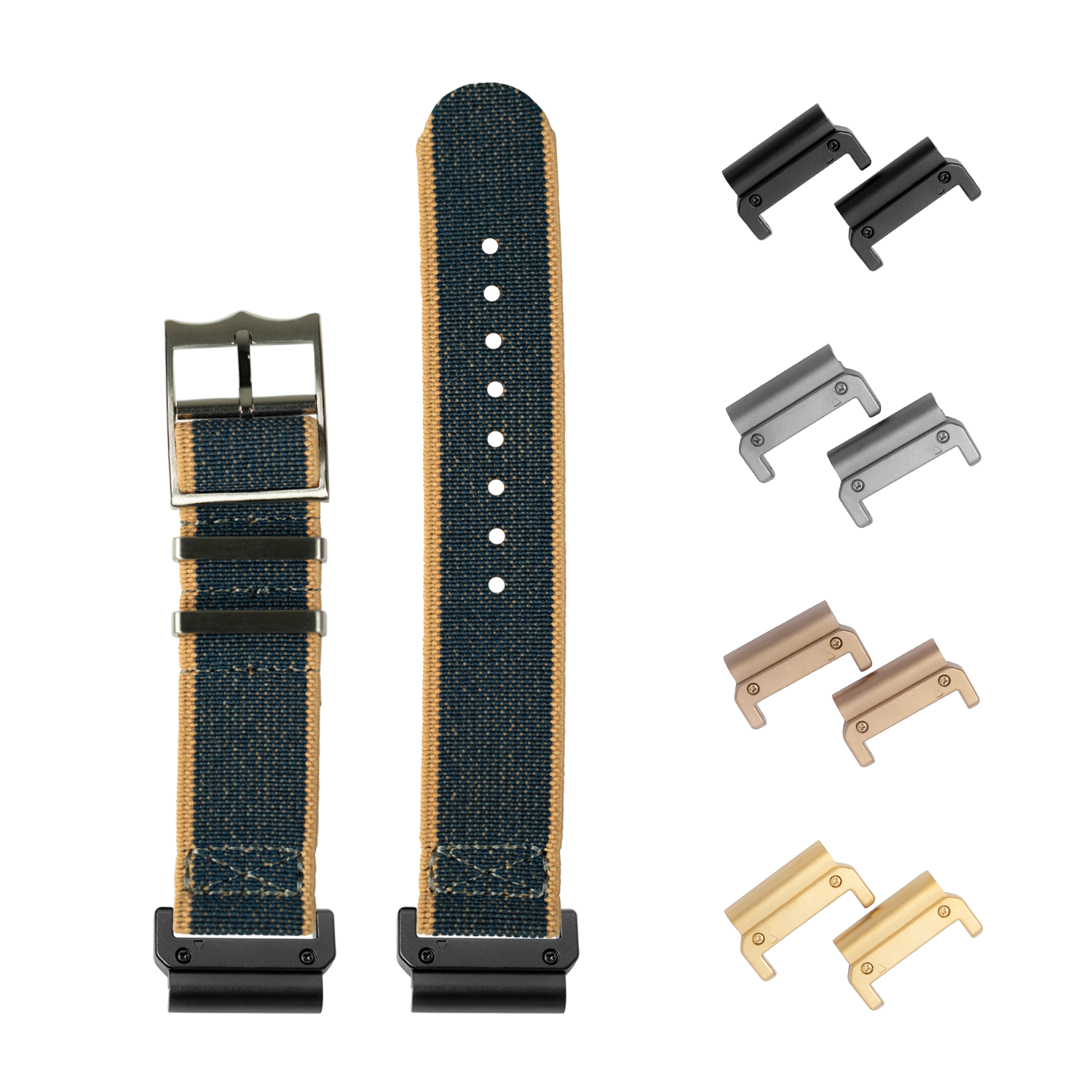 QuickFit ElastoFlex denim wheat watch band 22mm with interchangeable metal lugs in black, silver, rose gold and gold finishes